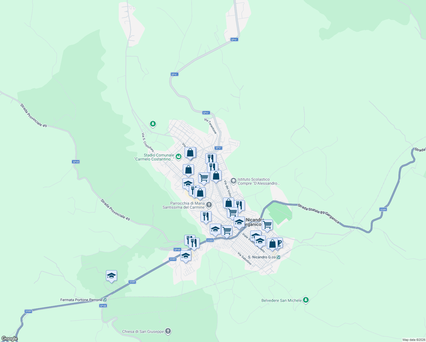 map of restaurants, bars, coffee shops, grocery stores, and more near 220 SP41 in San Nicandro Garganico