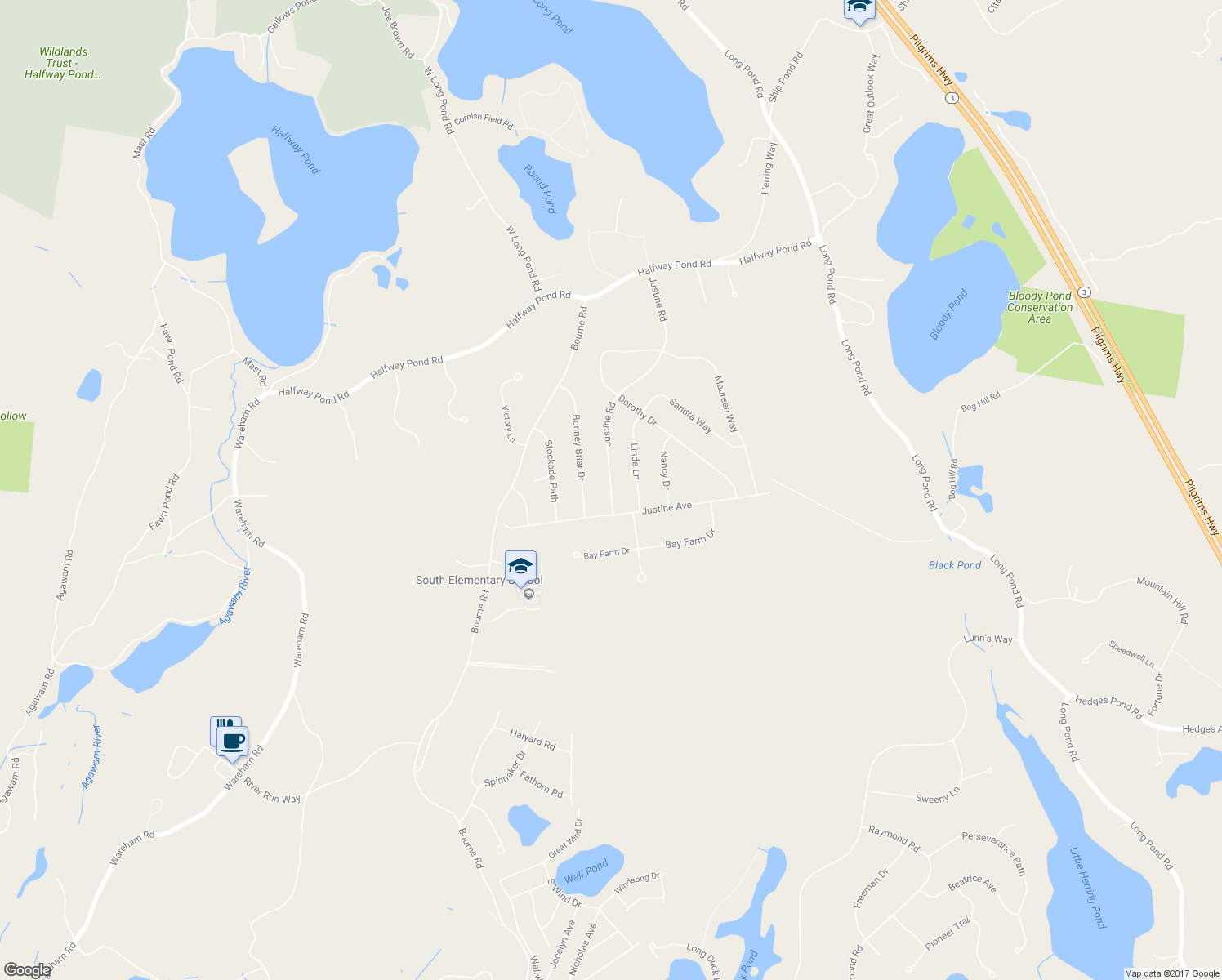 map of restaurants, bars, coffee shops, grocery stores, and more near 60 Justine Road in Plymouth