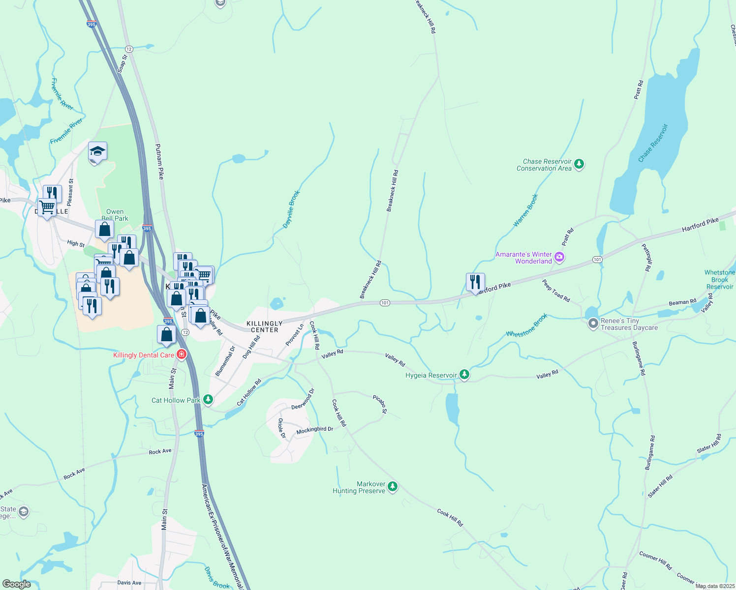 map of restaurants, bars, coffee shops, grocery stores, and more near 8 Breakneck Hill Rd in Killingly