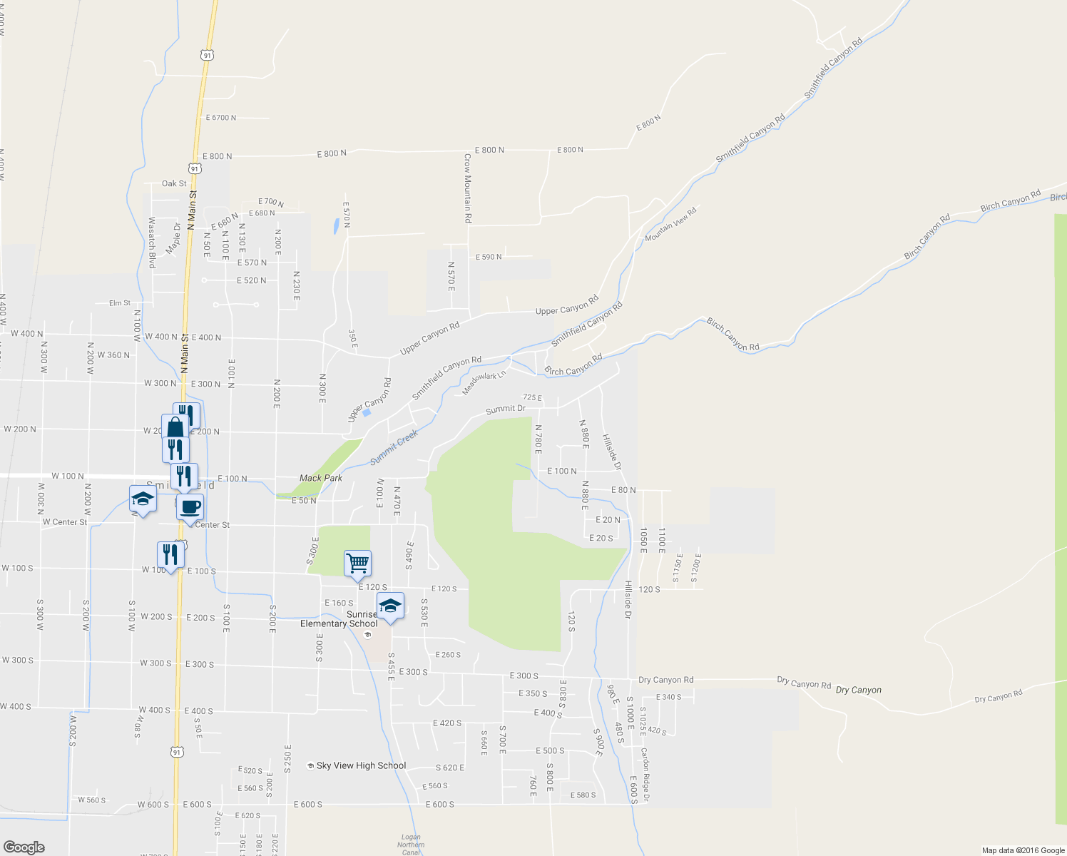 map of restaurants, bars, coffee shops, grocery stores, and more near 185 North 780 East in Smithfield