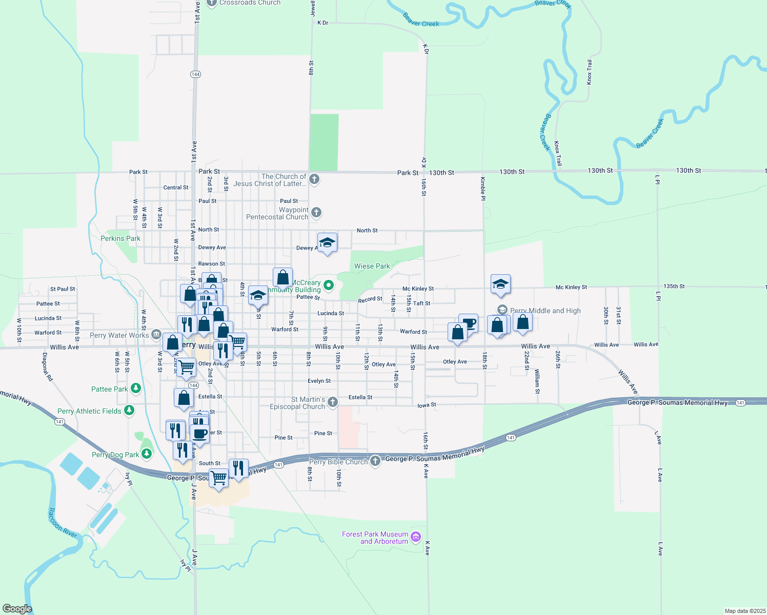 map of restaurants, bars, coffee shops, grocery stores, and more near 2301 Taft Street in Perry