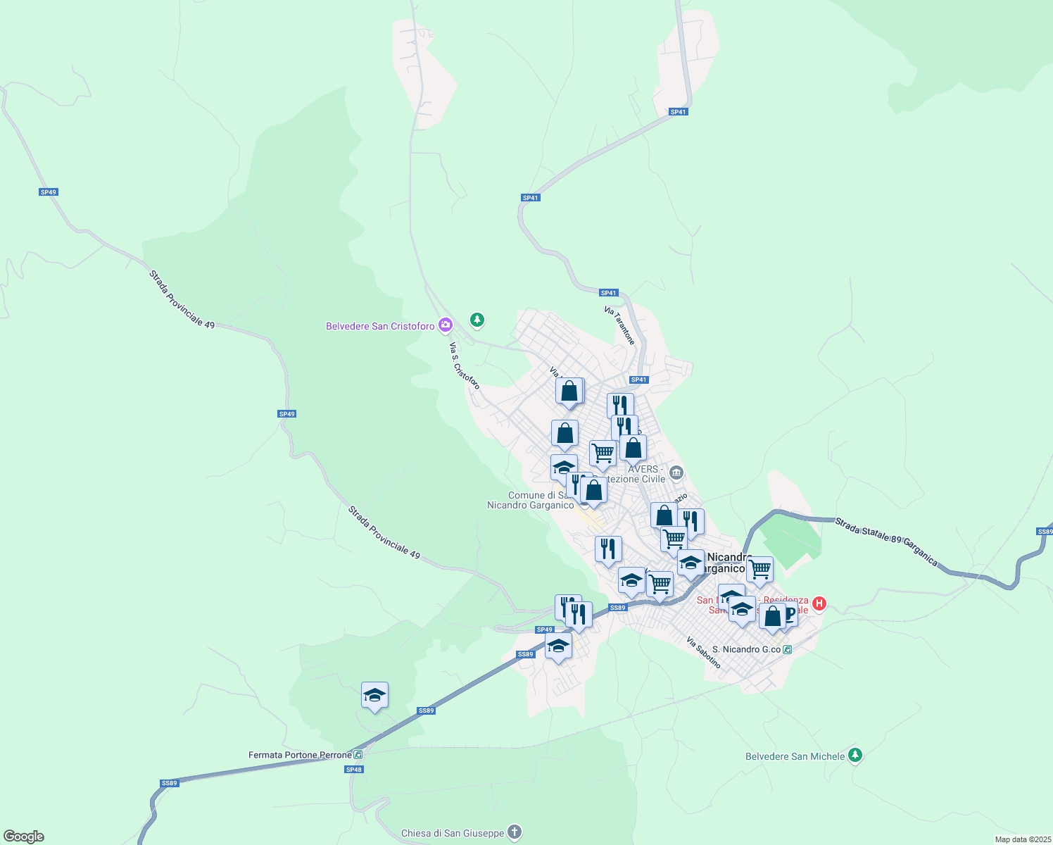 map of restaurants, bars, coffee shops, grocery stores, and more near 34 Via Fausto Coppi in San Nicandro Garganico