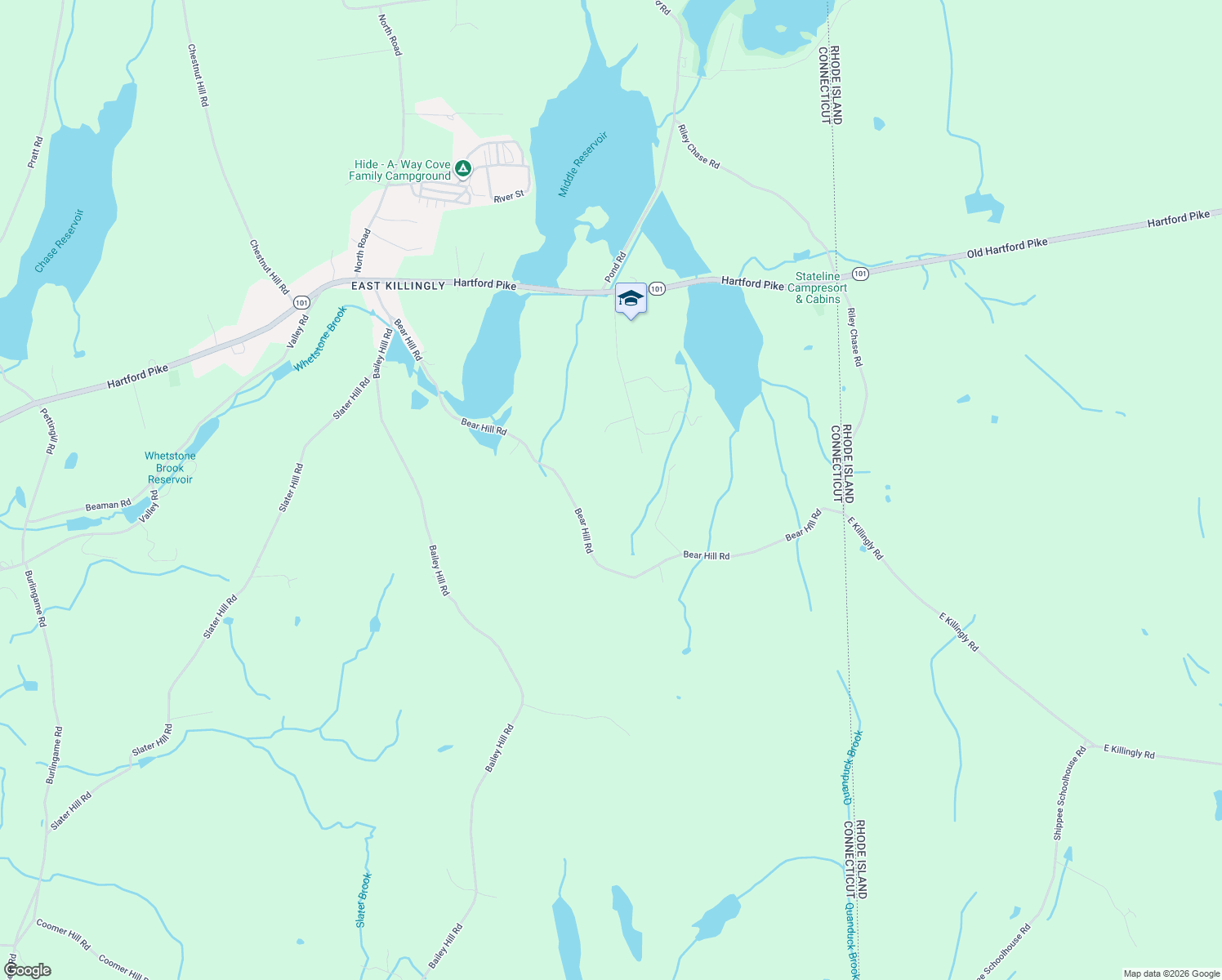 map of restaurants, bars, coffee shops, grocery stores, and more near 162 Bear Hill Road in Killingly