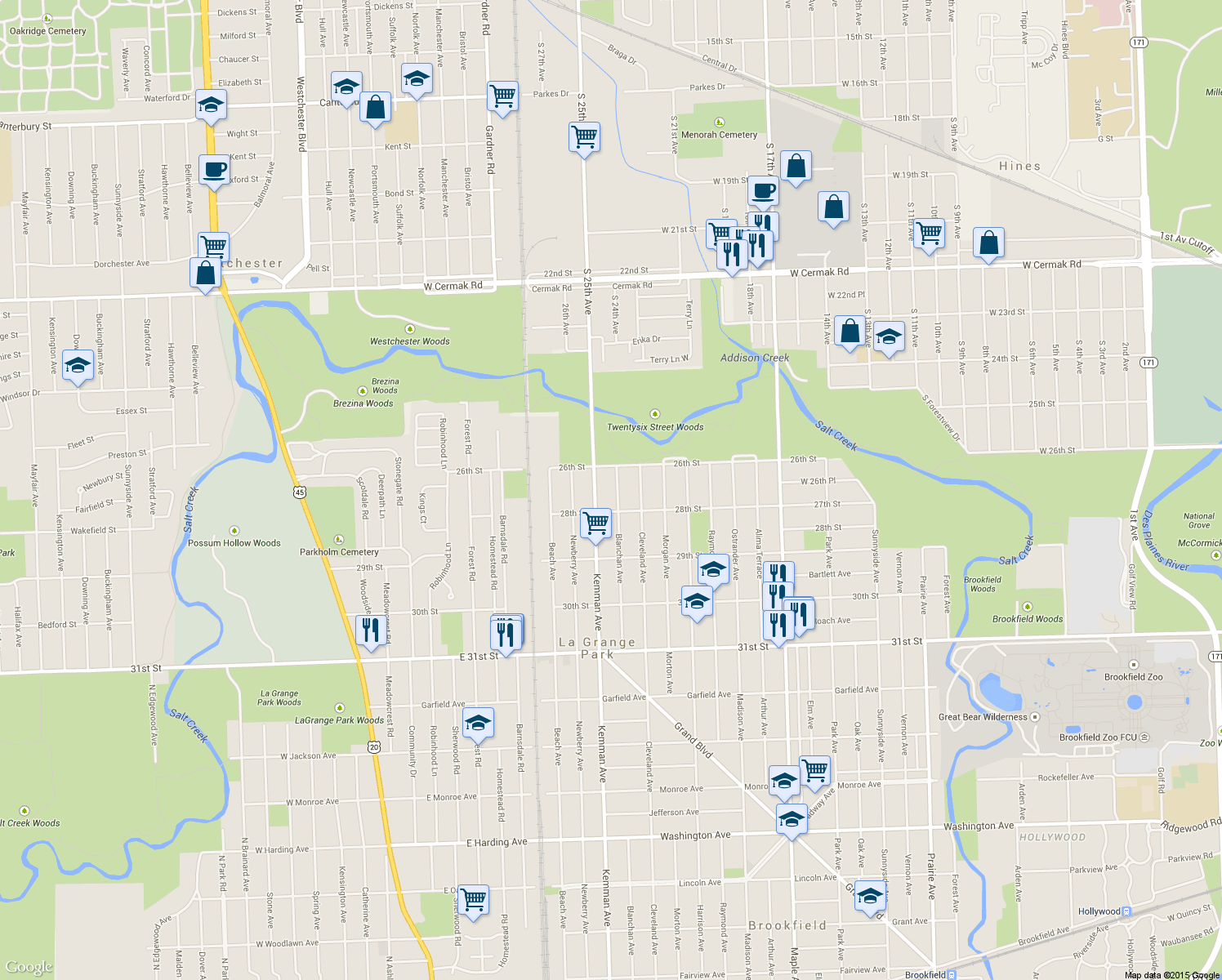 map of restaurants, bars, coffee shops, grocery stores, and more near 1522 Blanchan Avenue in La Grange Park
