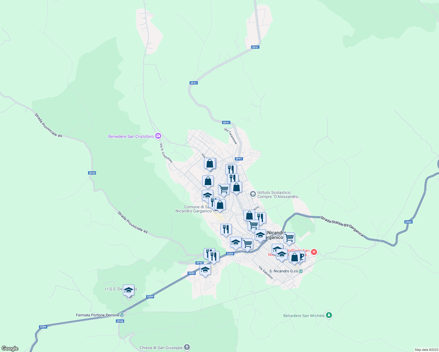 map of restaurants, bars, coffee shops, grocery stores, and more near 25 Via Bernardino Telesio in San Nicandro Garganico