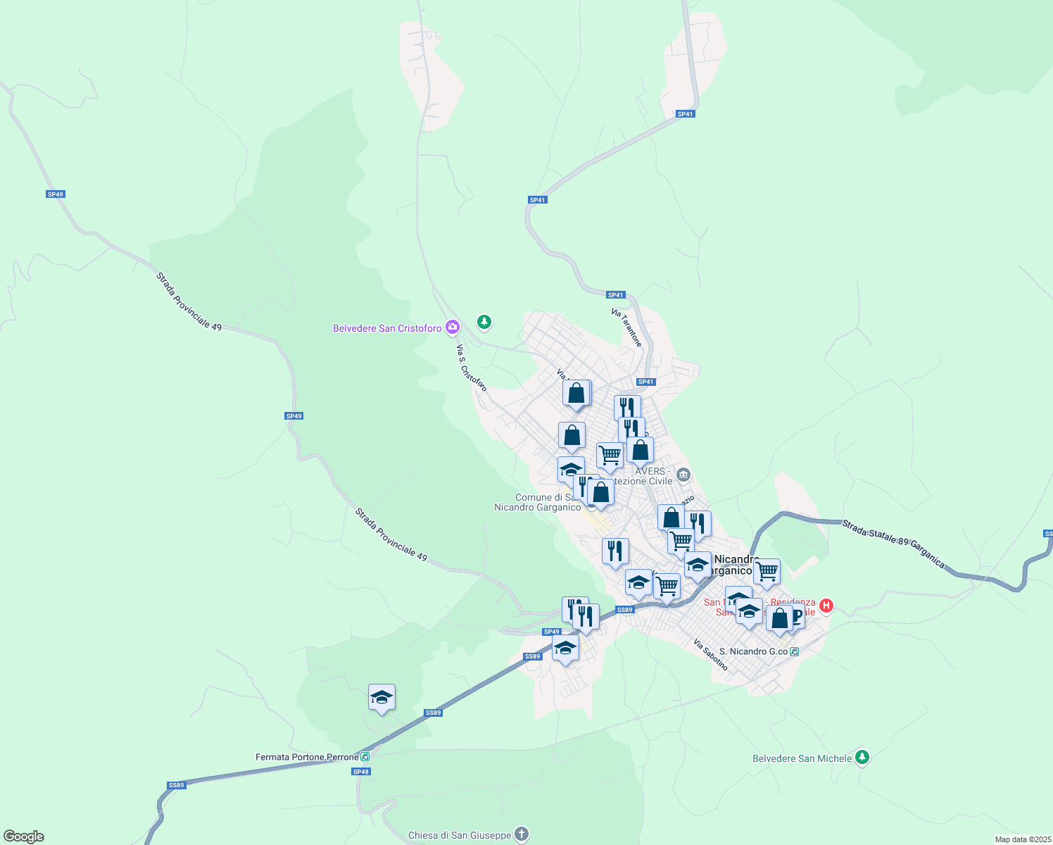 map of restaurants, bars, coffee shops, grocery stores, and more near 46 Via Gaspare Spontini in San Nicandro Garganico