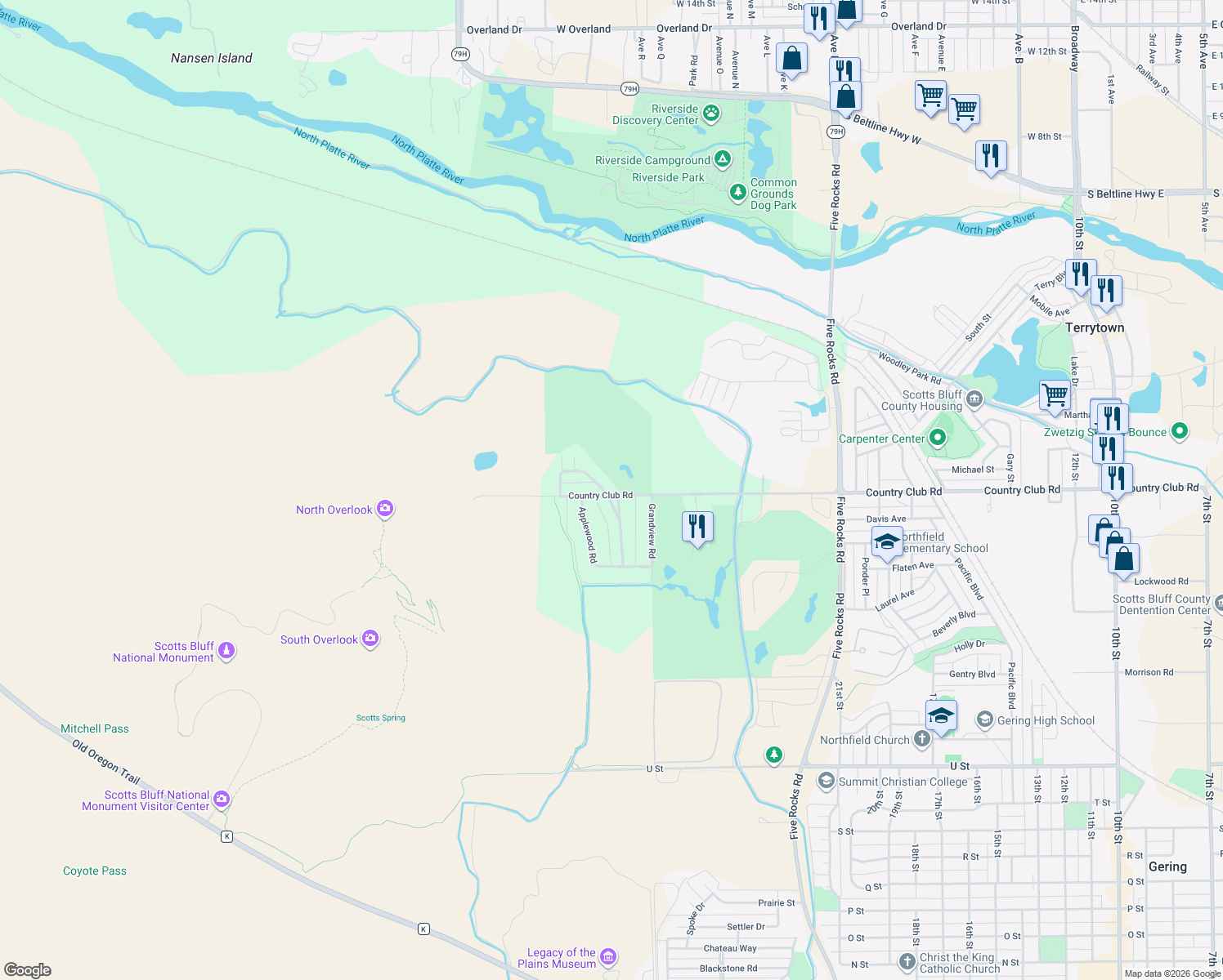 map of restaurants, bars, coffee shops, grocery stores, and more near 2970 Country Club Rd in Gering