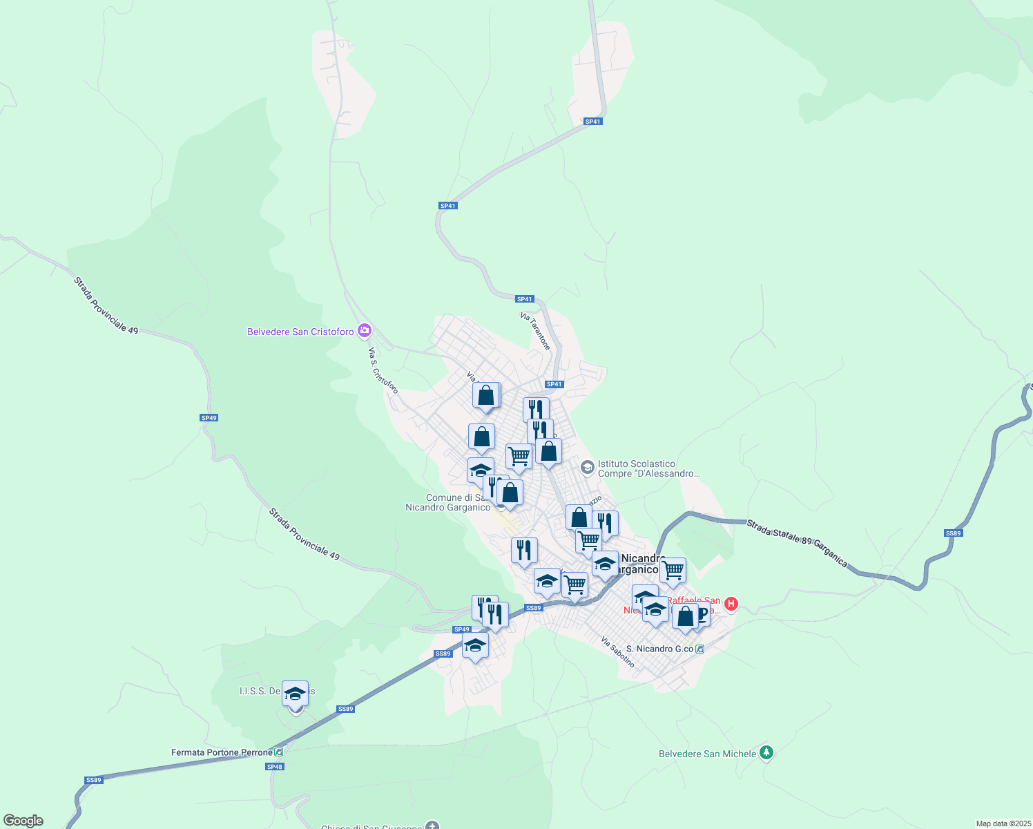 map of restaurants, bars, coffee shops, grocery stores, and more near 25 Via Bernardino Telesio in San Nicandro Garganico