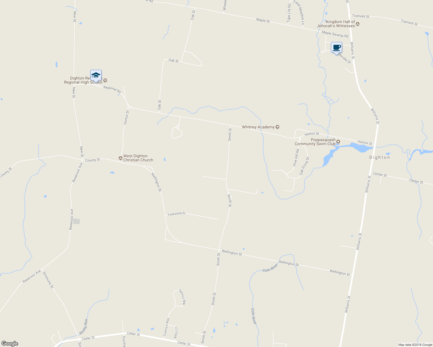 map of restaurants, bars, coffee shops, grocery stores, and more near 2140 Tanglewood Road in Dighton