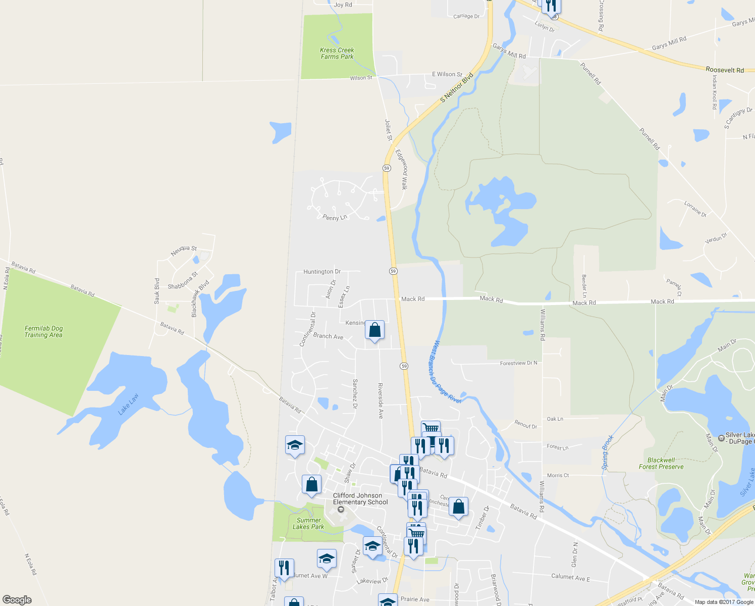 map of restaurants, bars, coffee shops, grocery stores, and more near 1S771 Bristol Lane in Warrenville