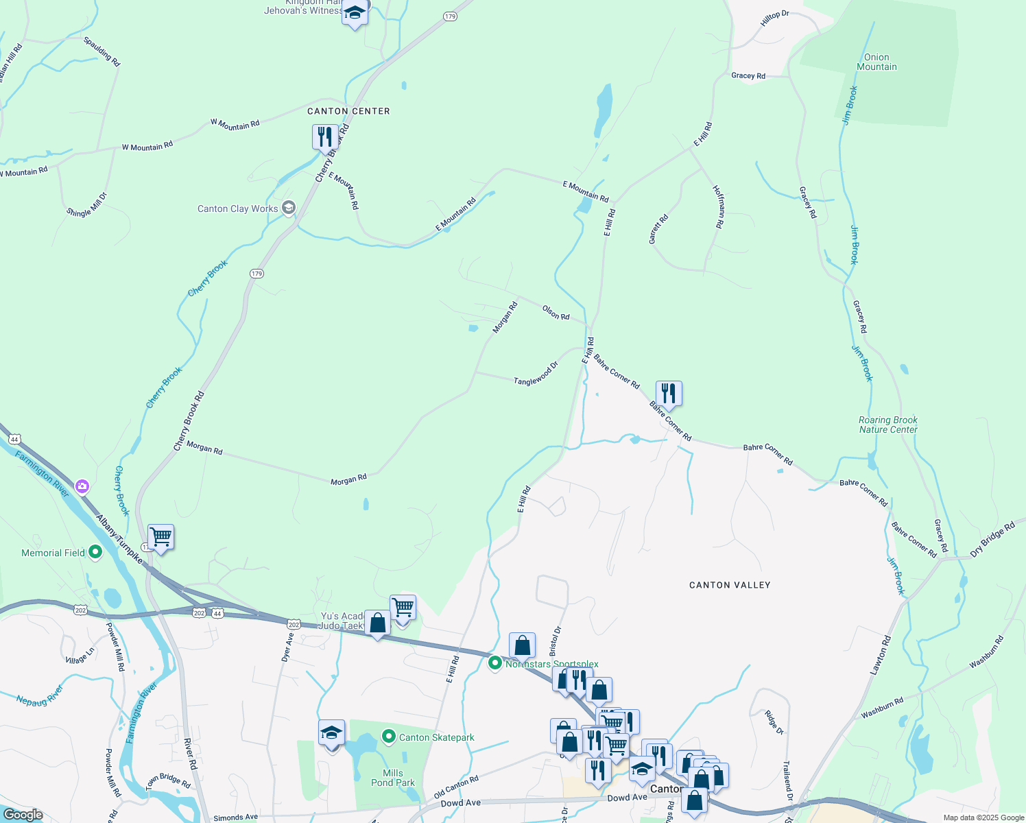 map of restaurants, bars, coffee shops, grocery stores, and more near 3 Tanglewood Drive in Canton