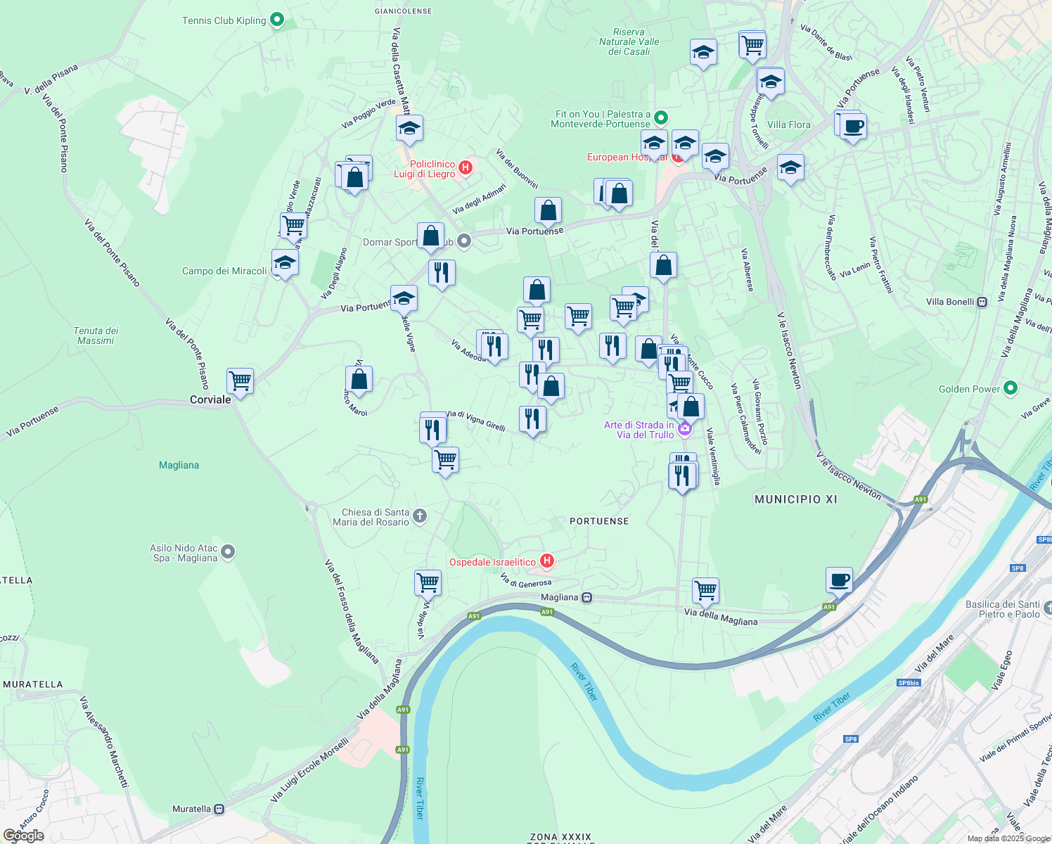 map of restaurants, bars, coffee shops, grocery stores, and more near 101 Via Castiglione della Pescaia in Roma