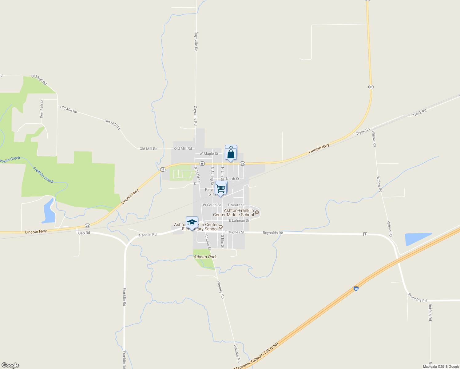 map of restaurants, bars, coffee shops, grocery stores, and more near 202 North Walnut Street in Franklin Grove