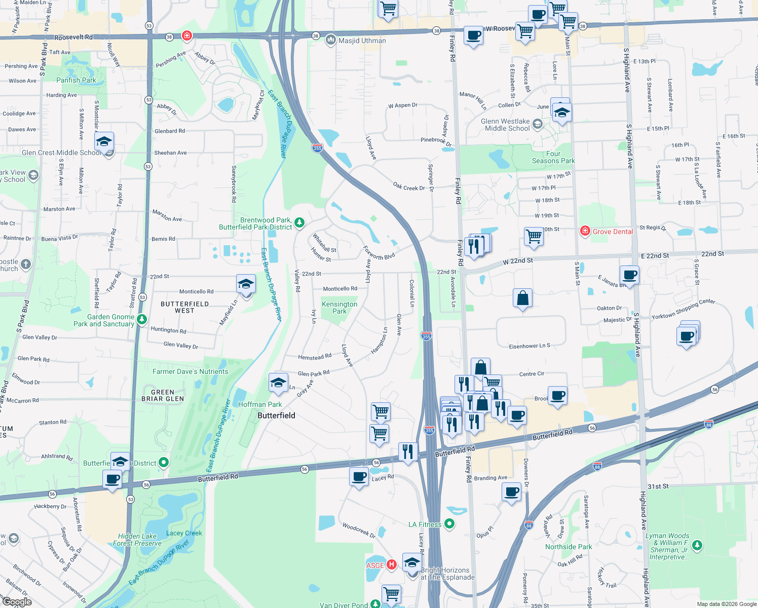 map of restaurants, bars, coffee shops, grocery stores, and more near 2S134 Hampton Lane in Lombard