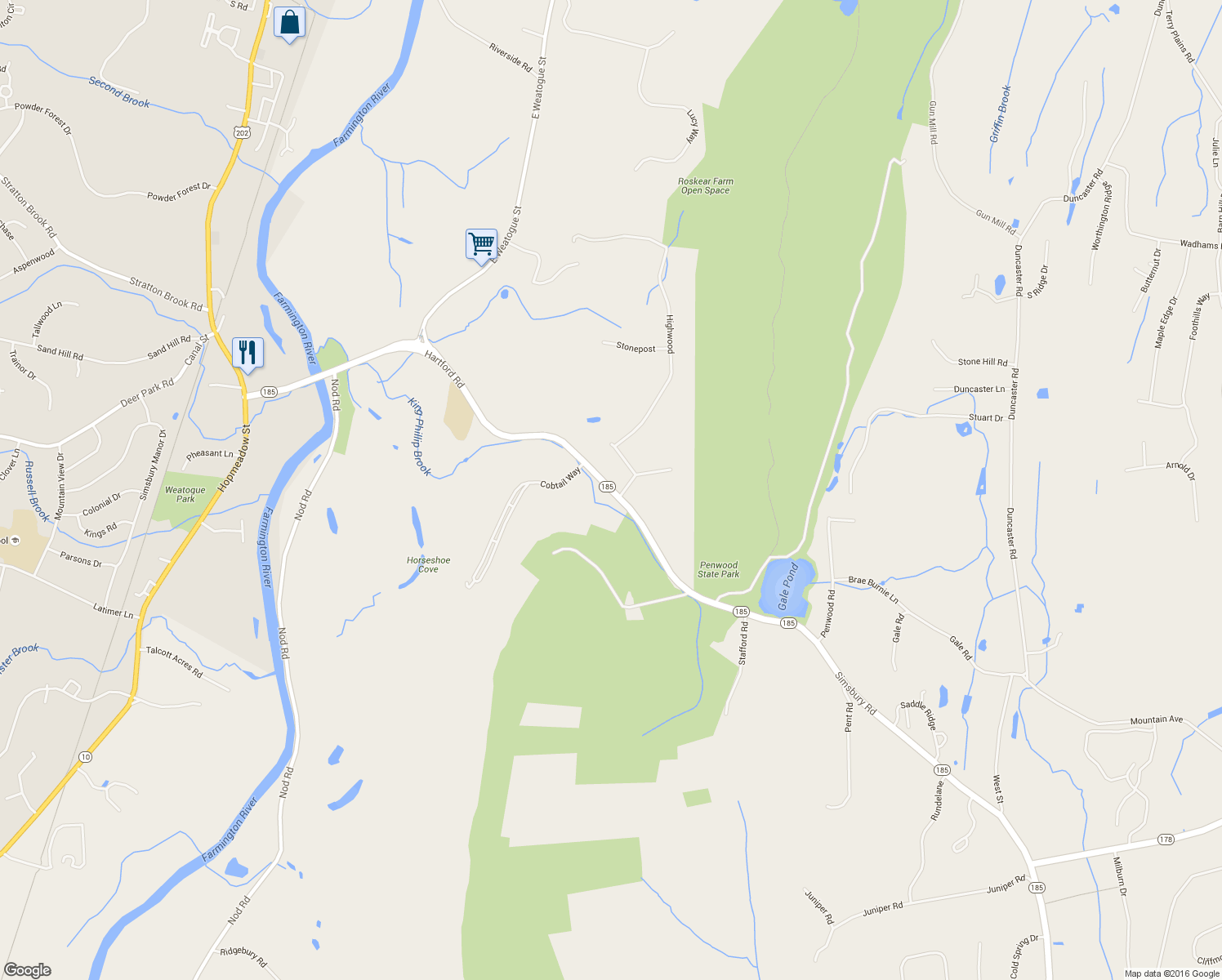 map of restaurants, bars, coffee shops, grocery stores, and more near 125 Hartford Road in Simsbury