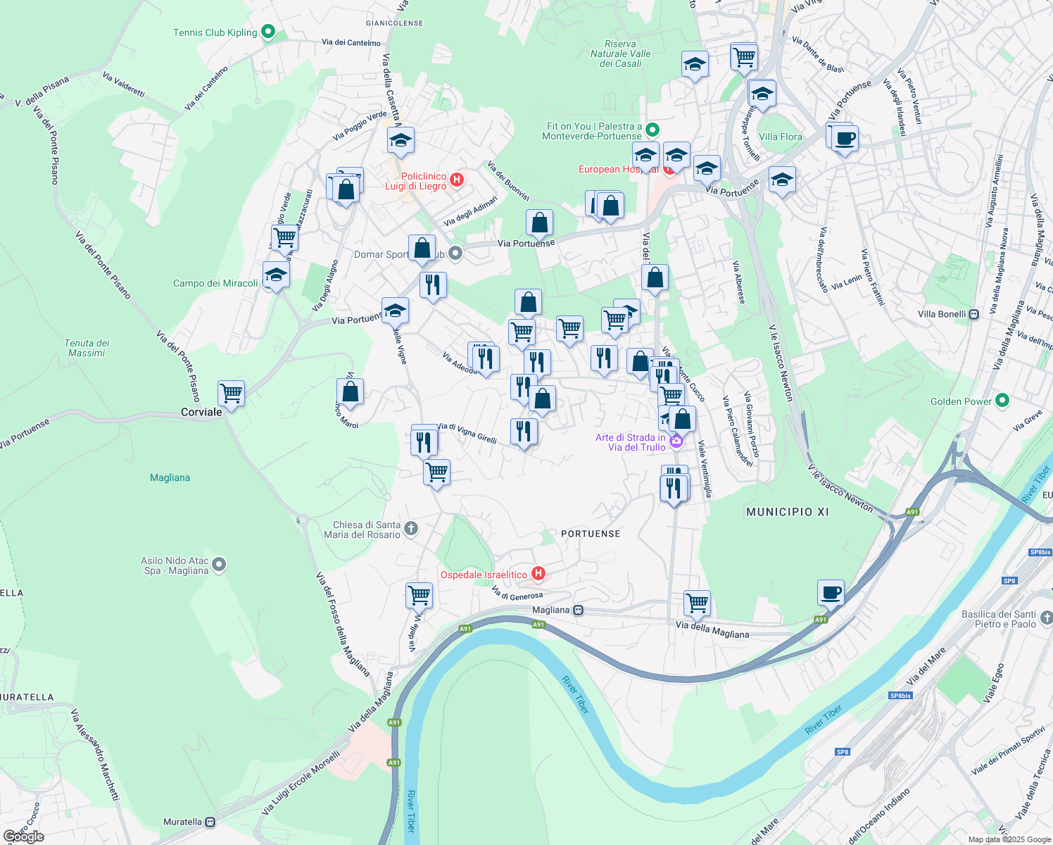 map of restaurants, bars, coffee shops, grocery stores, and more near 101 Via Castiglione della Pescaia in Roma