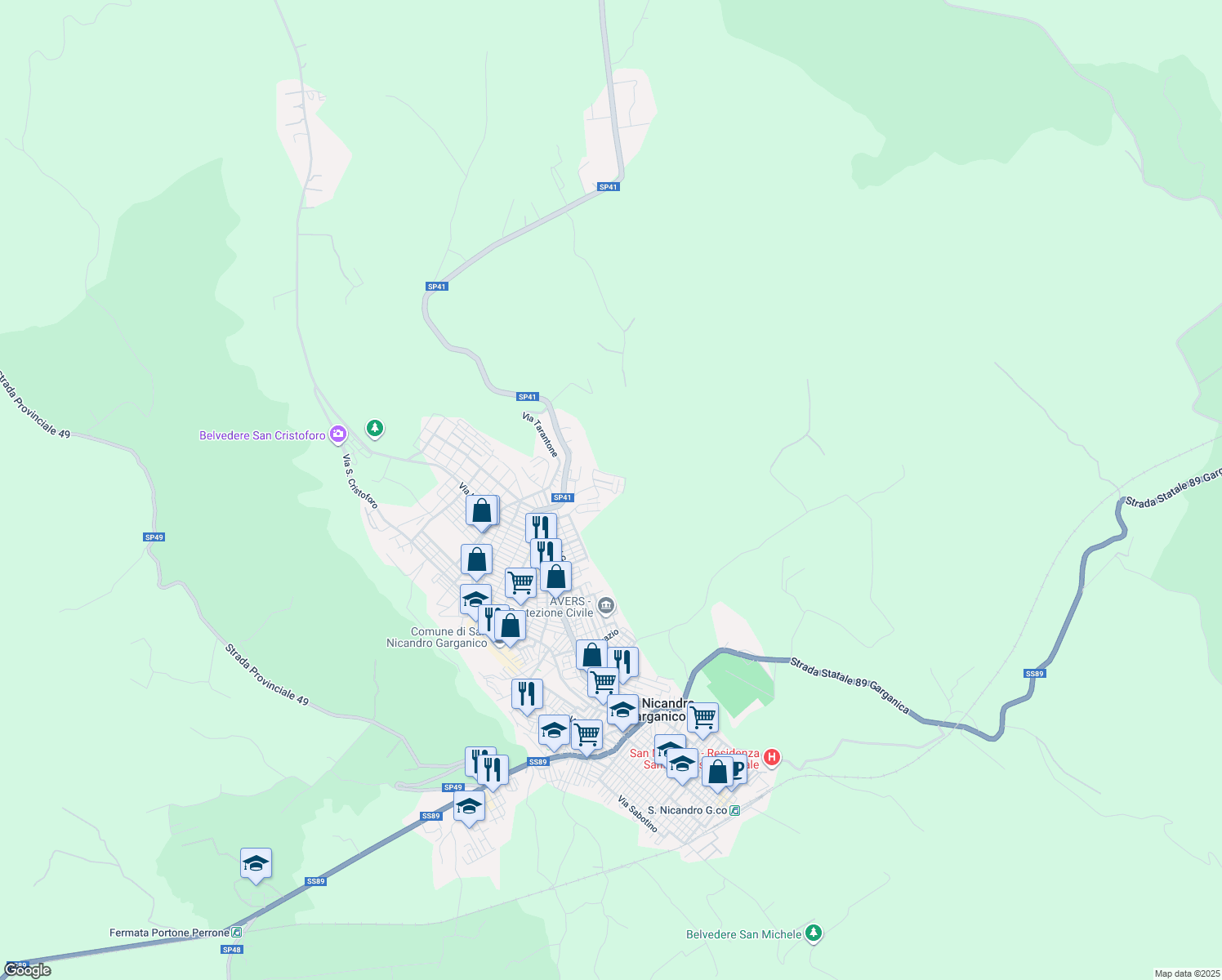 map of restaurants, bars, coffee shops, grocery stores, and more near 34 Via dei Maniscalchi in Provincia di Foggia