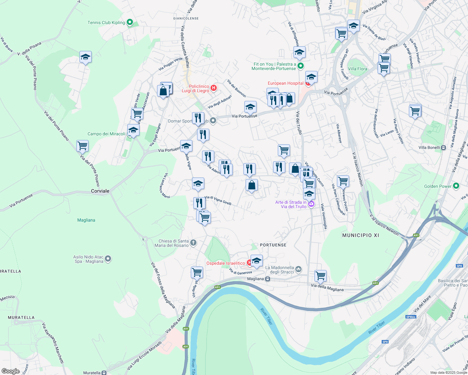 map of restaurants, bars, coffee shops, grocery stores, and more near 43 Via Coreglia Antelminelli in Rome