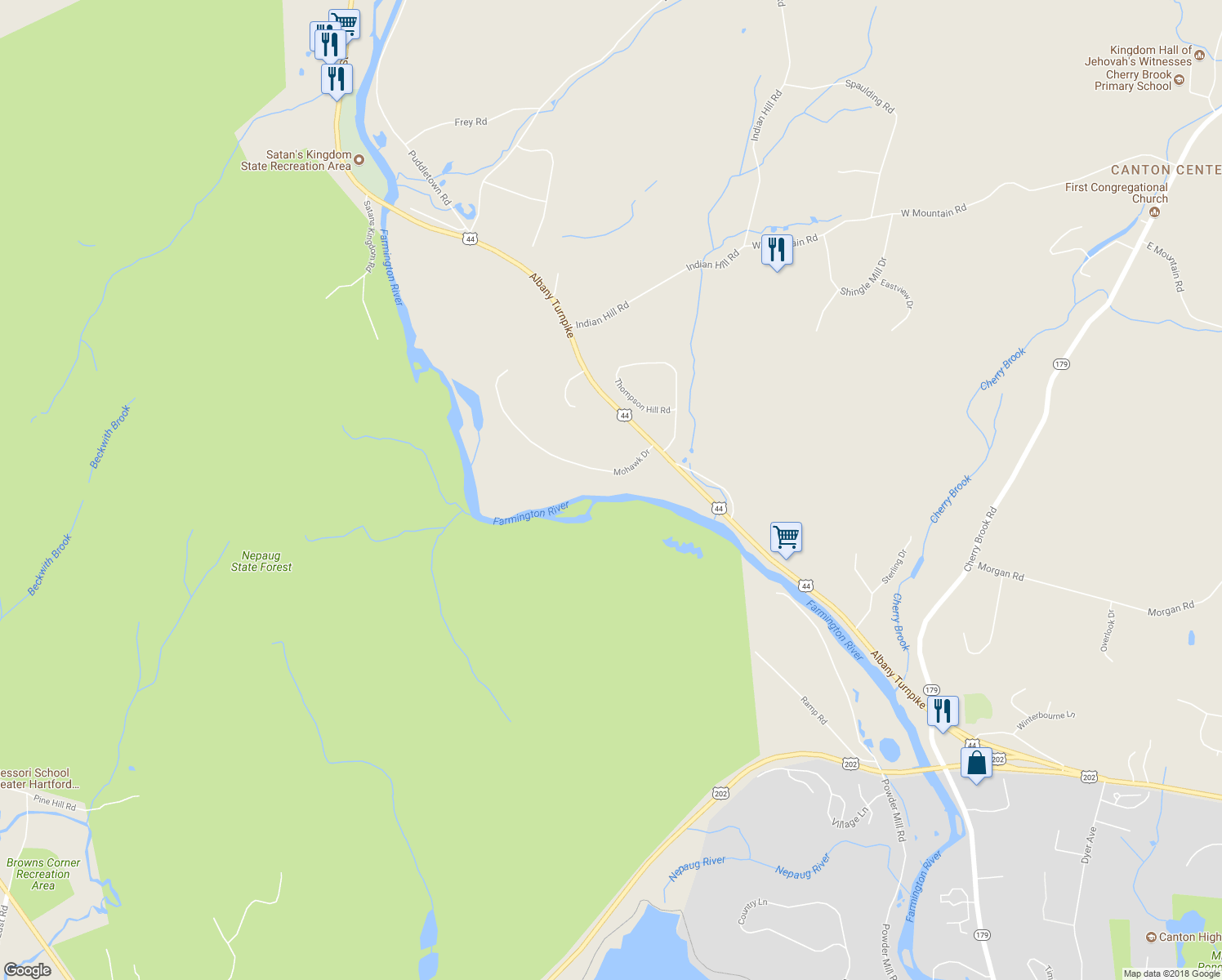 map of restaurants, bars, coffee shops, grocery stores, and more near 10 Mohawk Drive in Canton