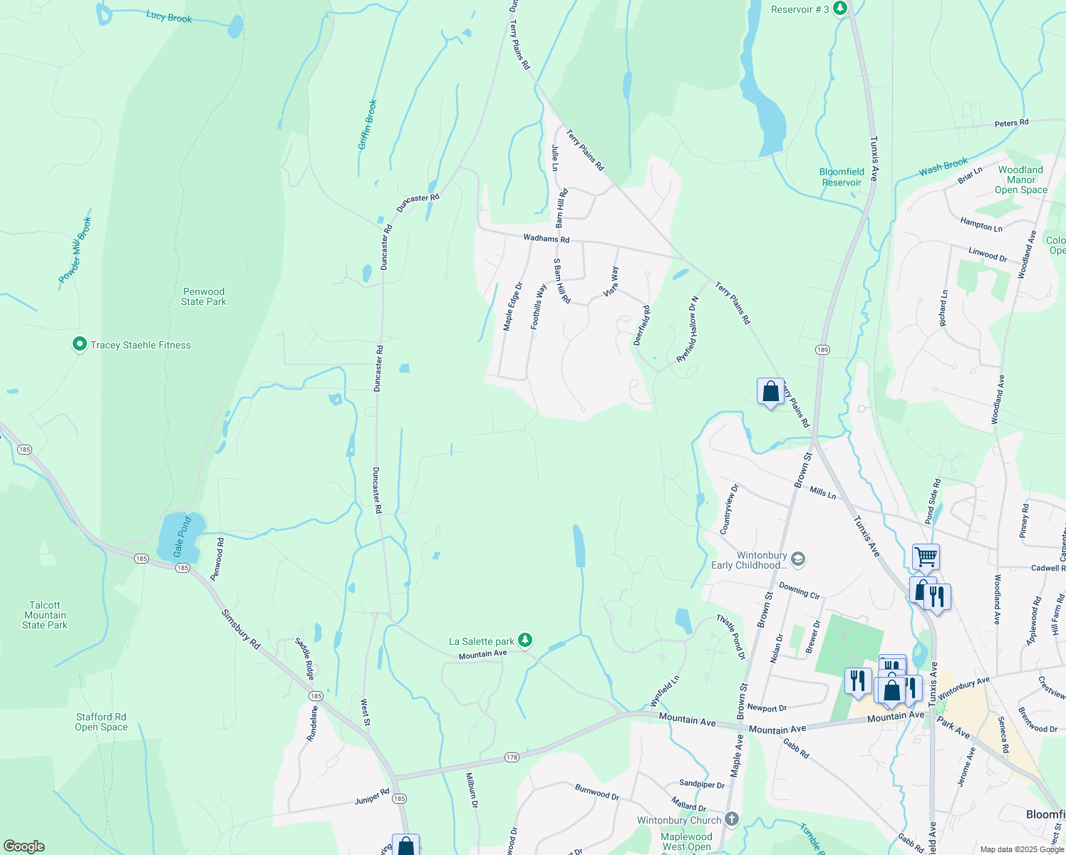 map of restaurants, bars, coffee shops, grocery stores, and more near 50 Foothills Way in Bloomfield