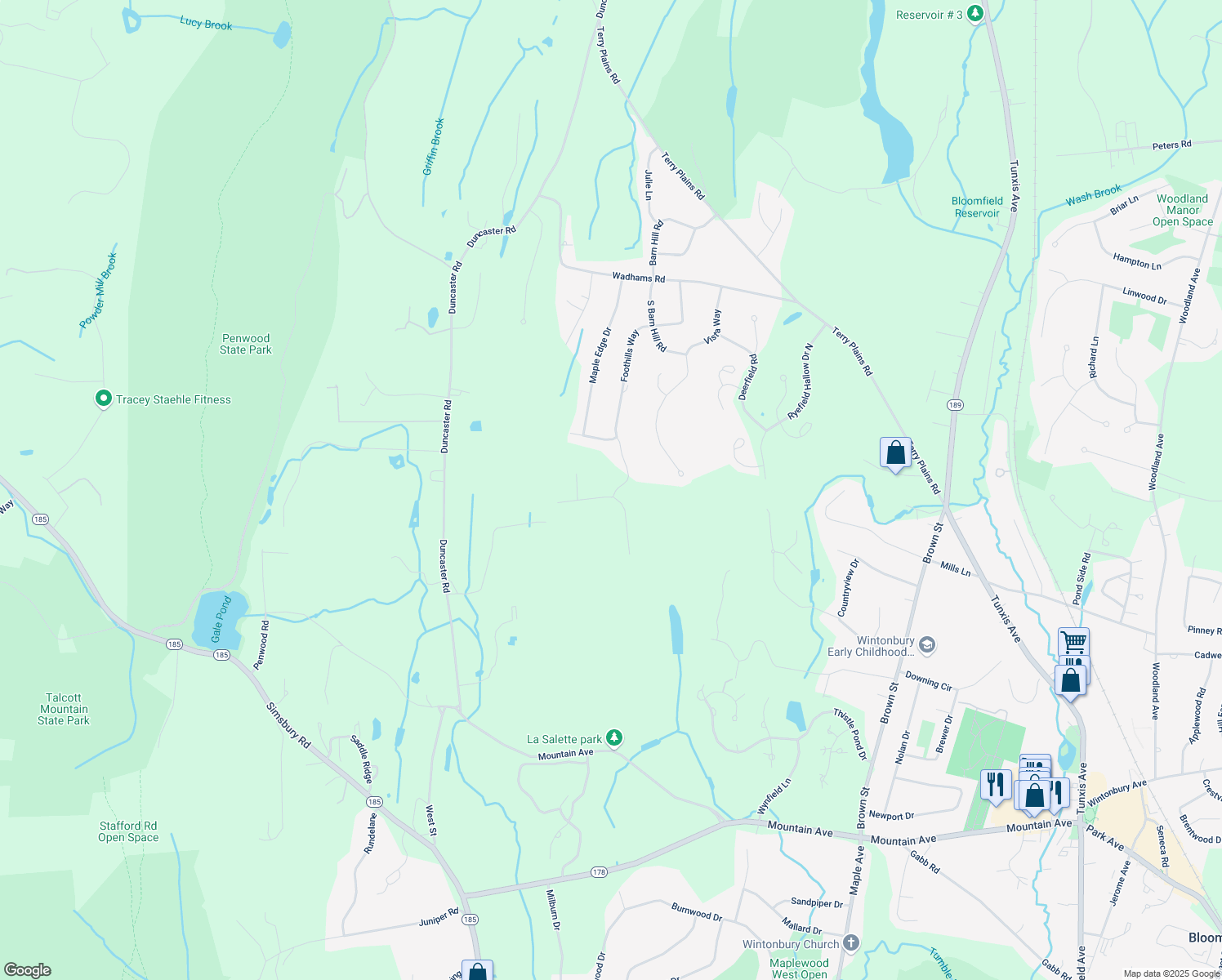 map of restaurants, bars, coffee shops, grocery stores, and more near 50 Foothills Way in Bloomfield