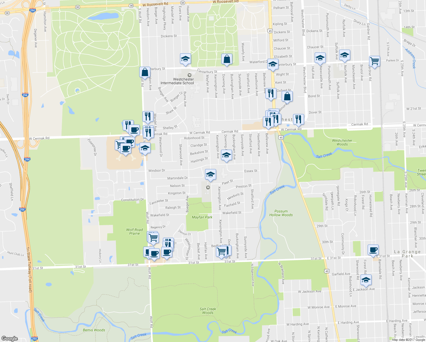 map of restaurants, bars, coffee shops, grocery stores, and more near 2409 Mayfair Avenue in Westchester