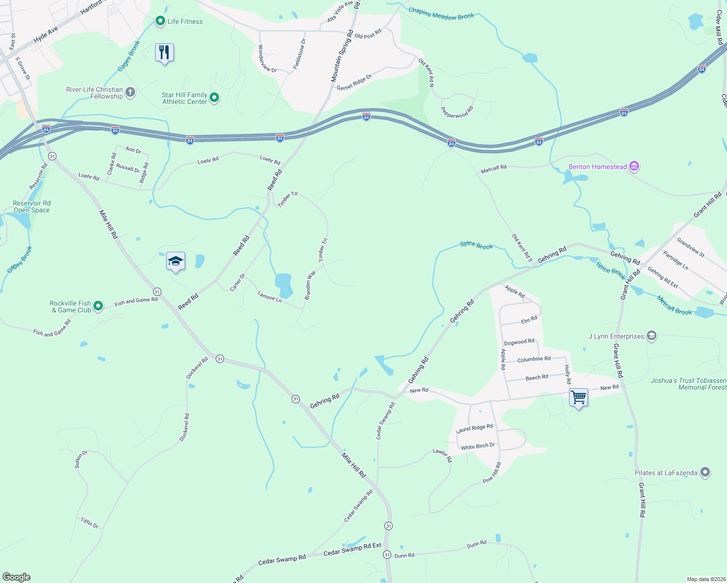 map of restaurants, bars, coffee shops, grocery stores, and more near 177 Timber Trail in Tolland