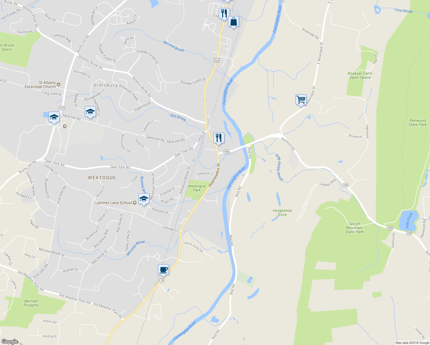 map of restaurants, bars, coffee shops, grocery stores, and more near 6 Pheasant Lane in Simsbury