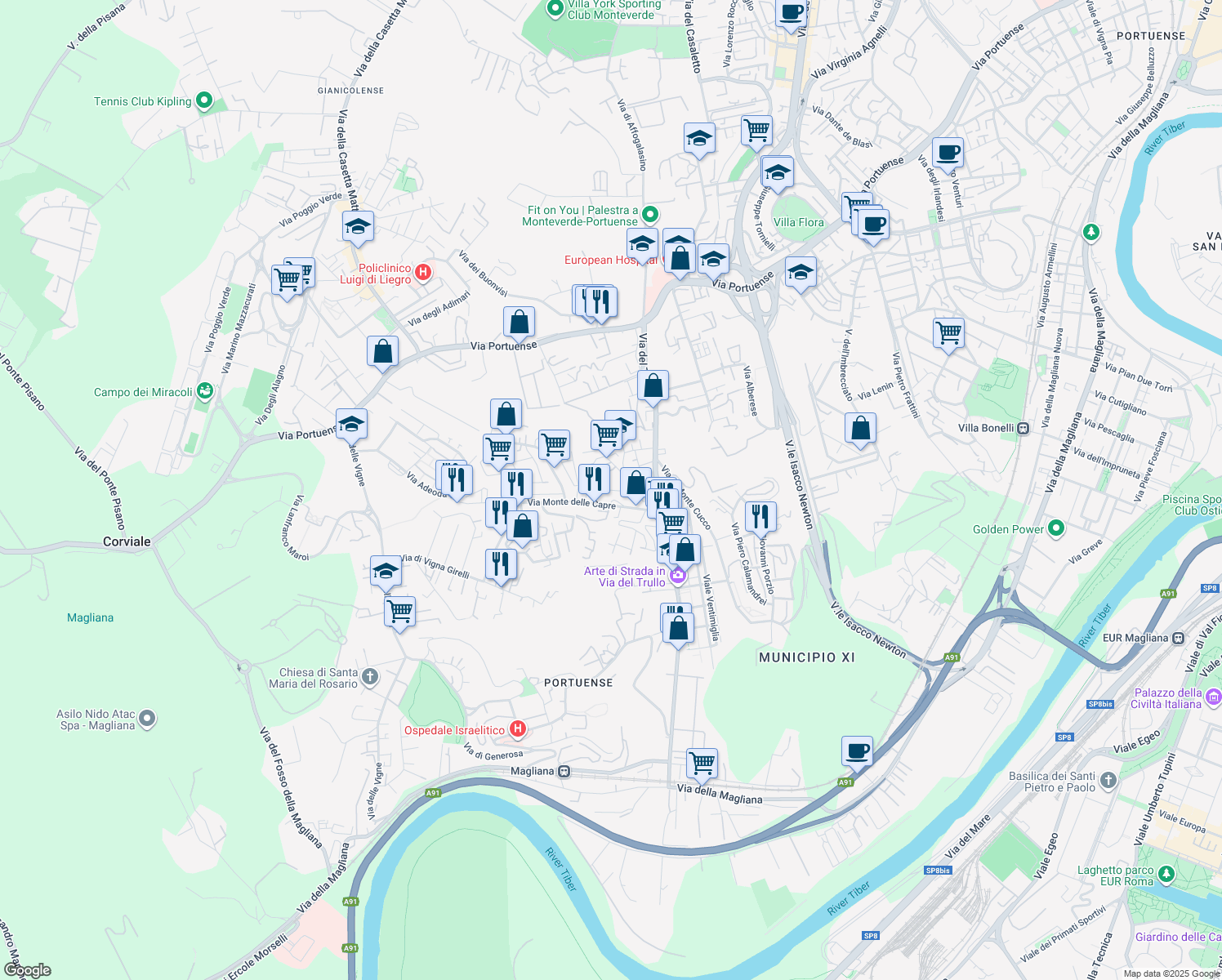 map of restaurants, bars, coffee shops, grocery stores, and more near 22 Via Cetona in Roma