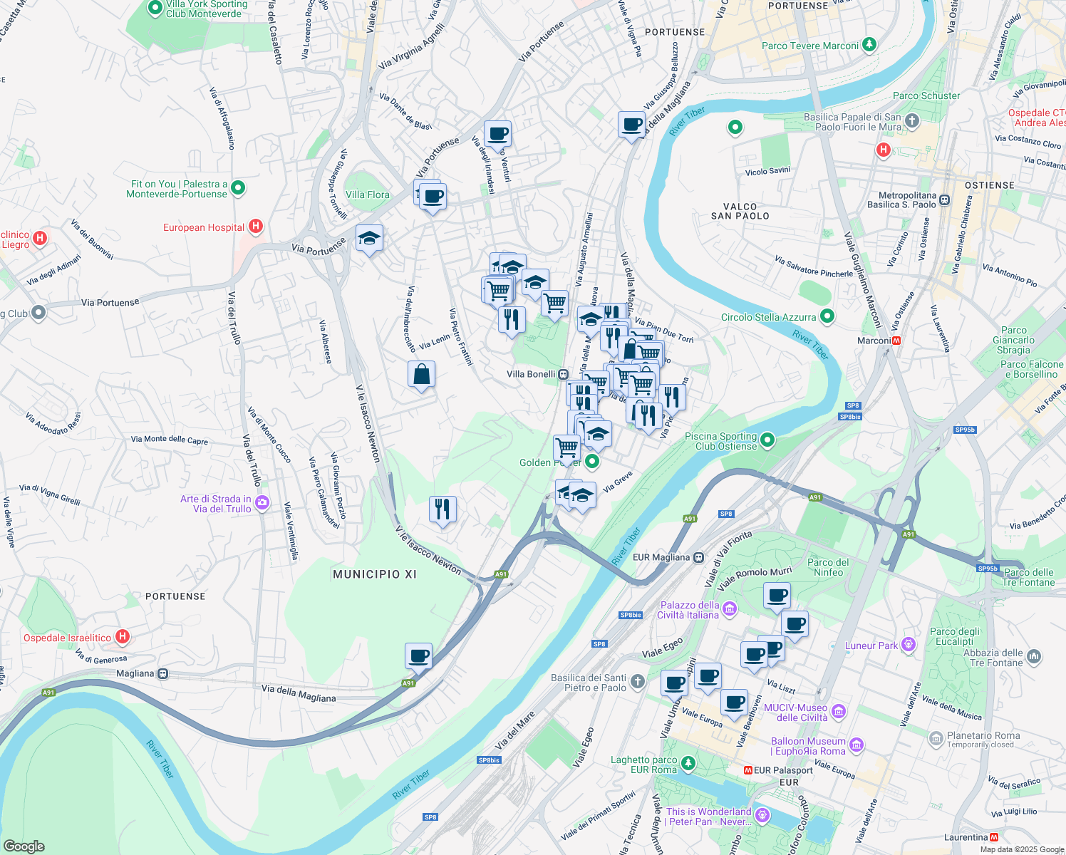 map of restaurants, bars, coffee shops, grocery stores, and more near 289 Via Pietro Frattini in Roma