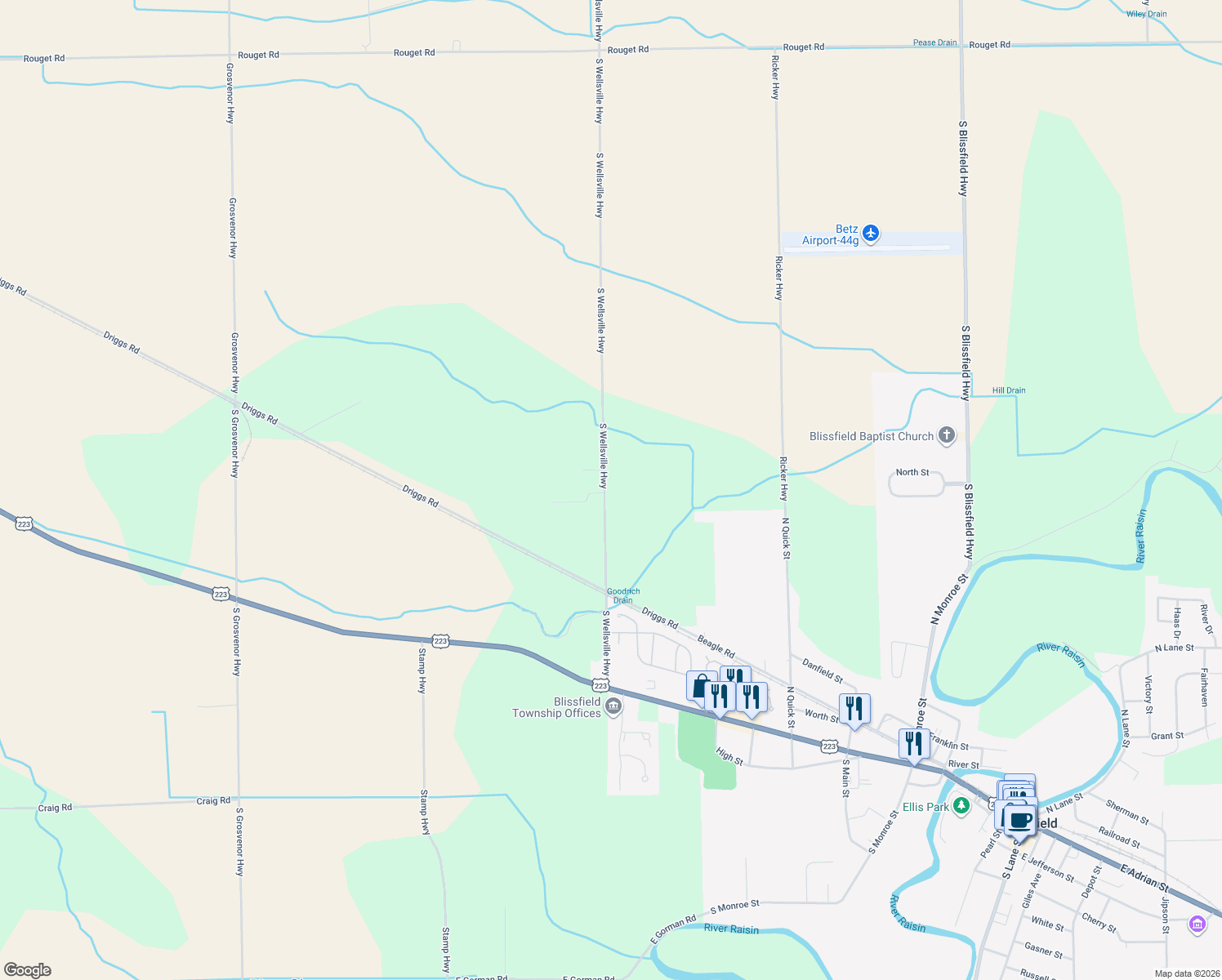 map of restaurants, bars, coffee shops, grocery stores, and more near 4961 South Wellsville Highway in Blissfield