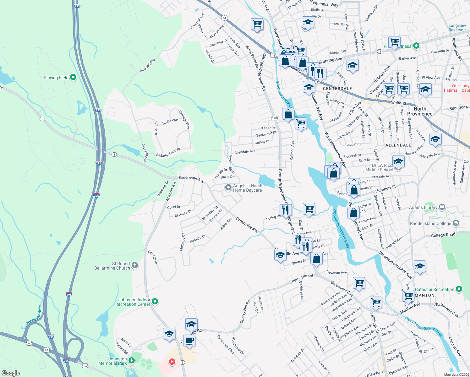 map of restaurants, bars, coffee shops, grocery stores, and more near 46 Contillo Dr in Johnston