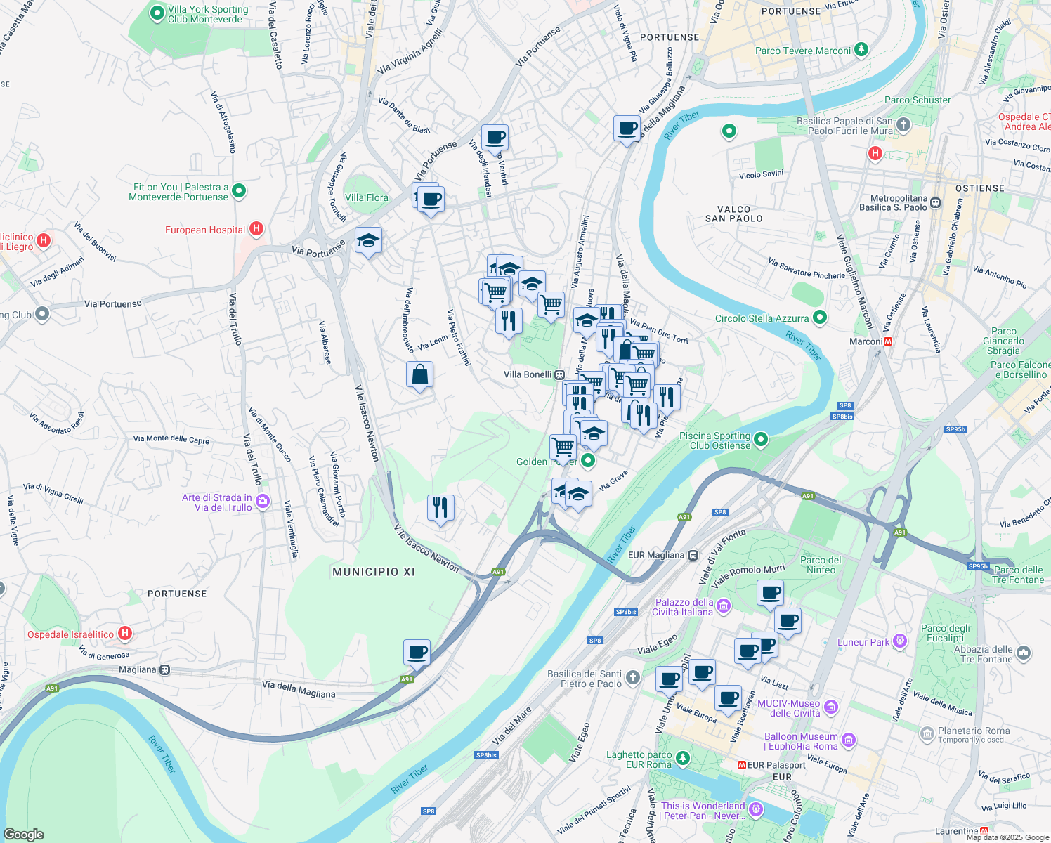 map of restaurants, bars, coffee shops, grocery stores, and more near 289 Via Pietro Frattini in Roma