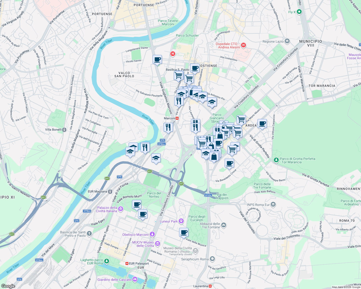 map of restaurants, bars, coffee shops, grocery stores, and more near 700 Viale Guglielmo Marconi in Roma