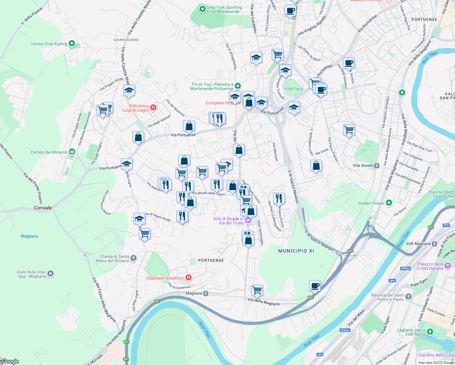 map of restaurants, bars, coffee shops, grocery stores, and more near 22 Via Cetona in Roma