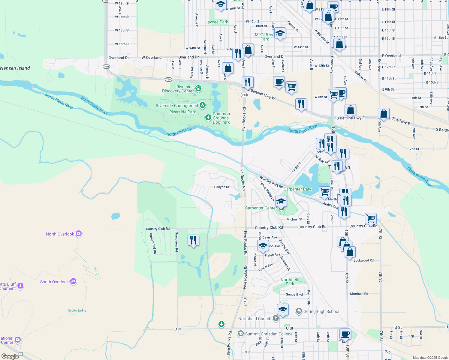 map of restaurants, bars, coffee shops, grocery stores, and more near 46 Western Avenue in Gering