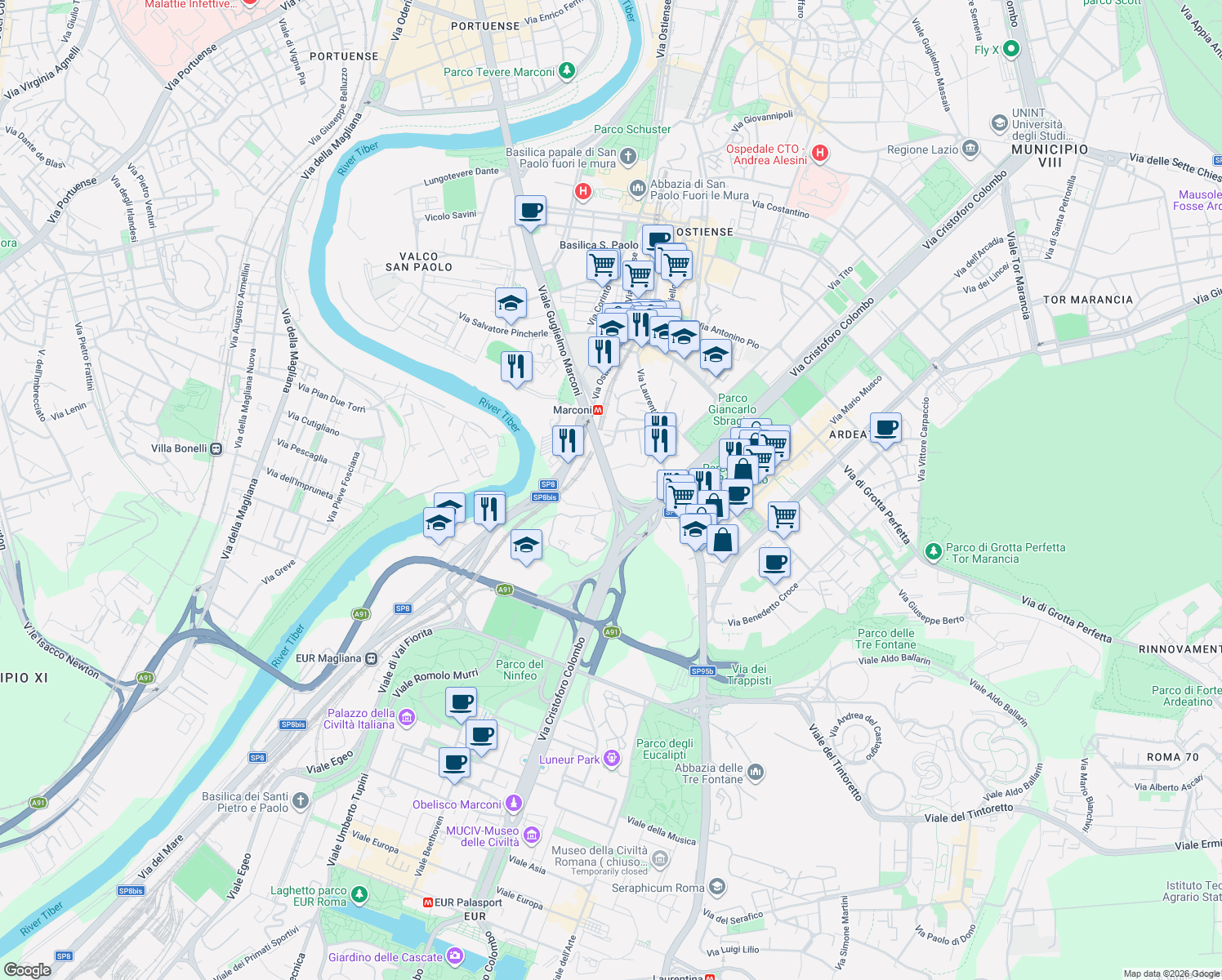 map of restaurants, bars, coffee shops, grocery stores, and more near 700 Viale Guglielmo Marconi in Roma