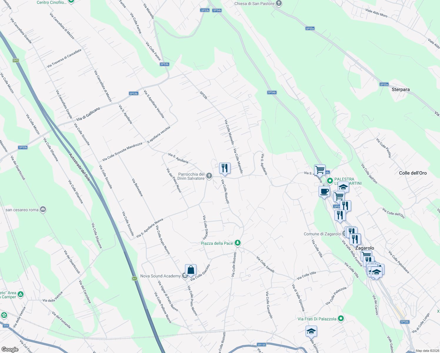 map of restaurants, bars, coffee shops, grocery stores, and more near 2 Via Prati di Mainello in Zagarolo