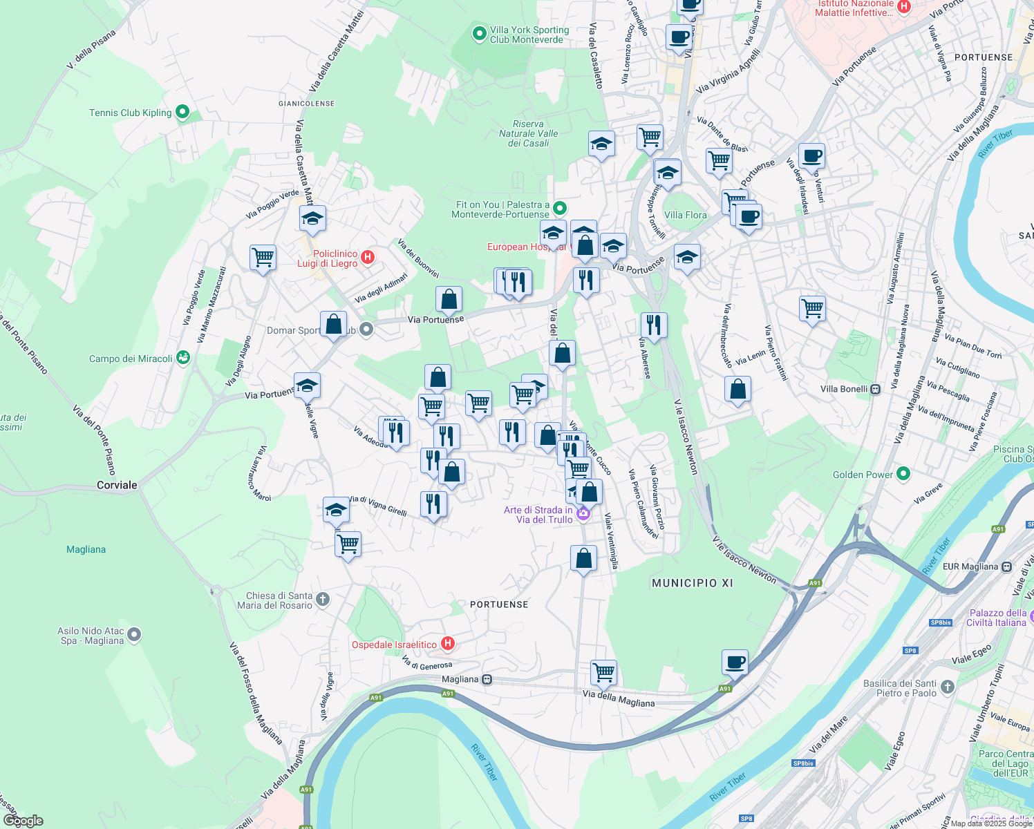 map of restaurants, bars, coffee shops, grocery stores, and more near 66-92 Via di Vigna Consorti in Rome