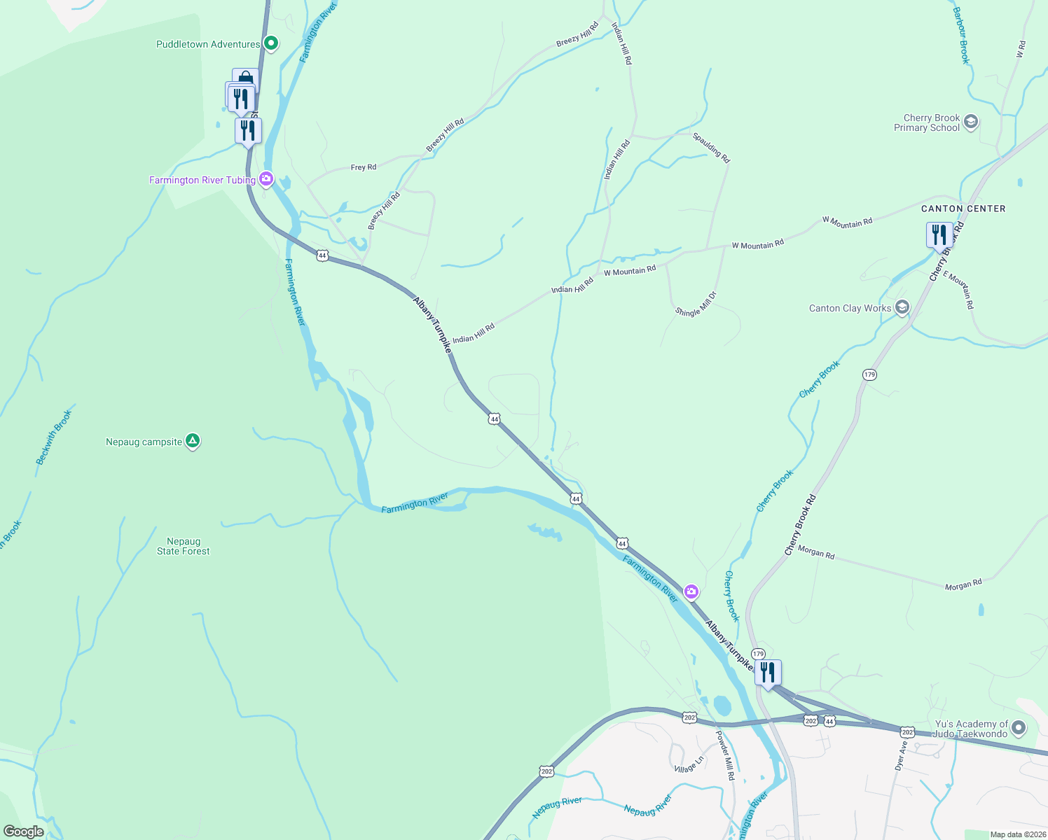 map of restaurants, bars, coffee shops, grocery stores, and more near 43 Thompson Hill Road in Canton