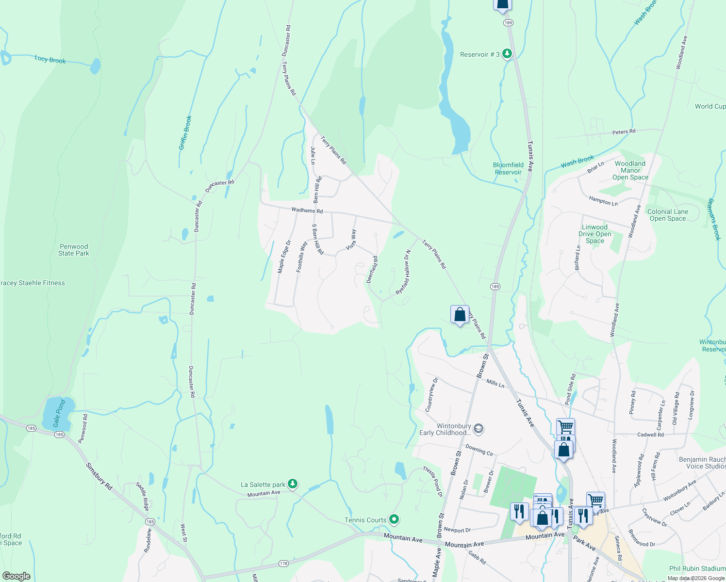 map of restaurants, bars, coffee shops, grocery stores, and more near 81 Arrowwood Lane in Bloomfield