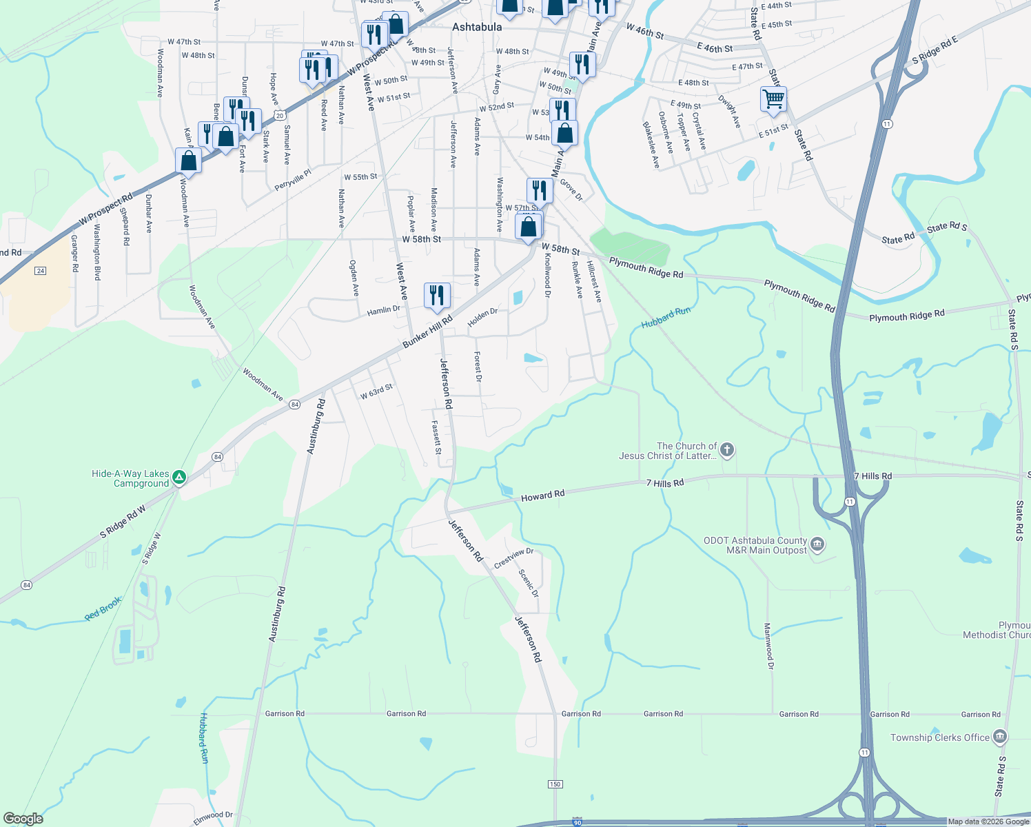 map of restaurants, bars, coffee shops, grocery stores, and more near 664 Talltrees Drive in Ashtabula