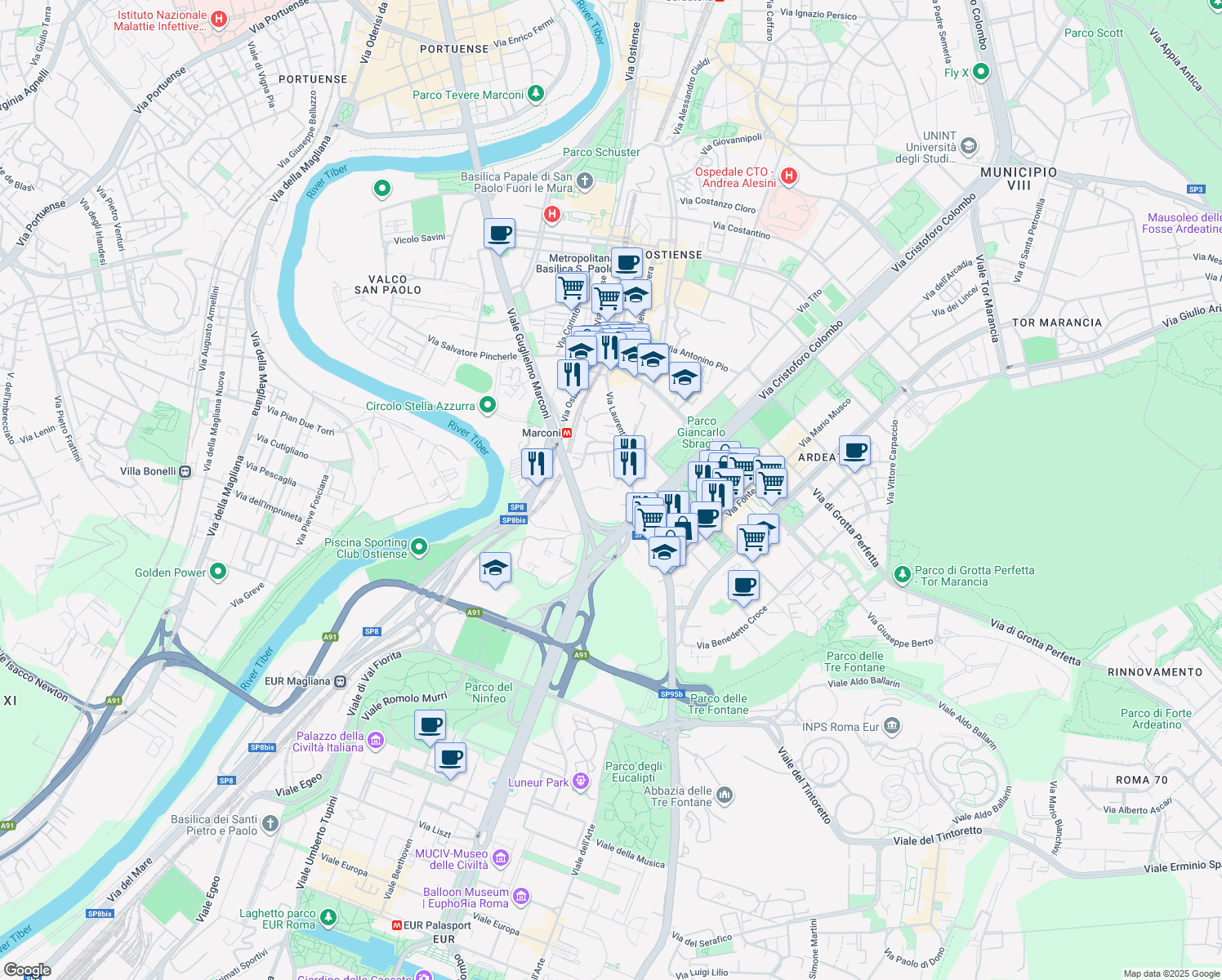 map of restaurants, bars, coffee shops, grocery stores, and more near 43 Via Gibilmanna in Roma