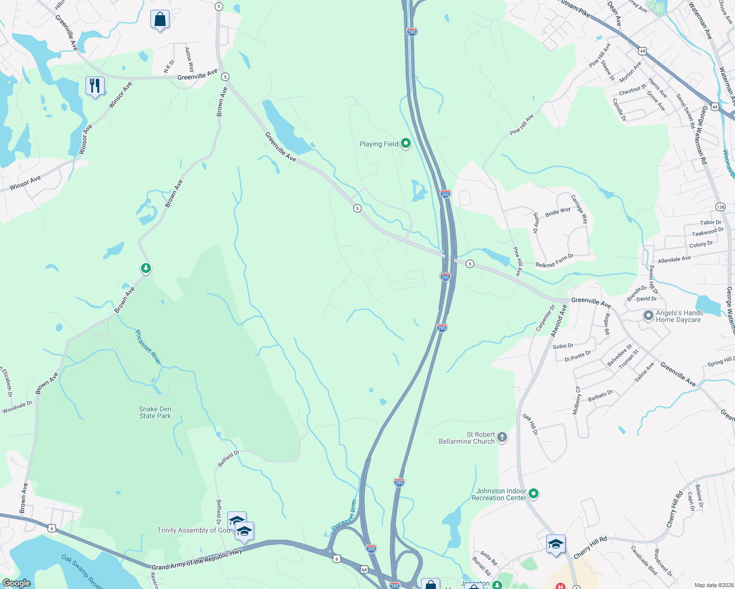 map of restaurants, bars, coffee shops, grocery stores, and more near 17 Poppy Hill Drive in Johnston