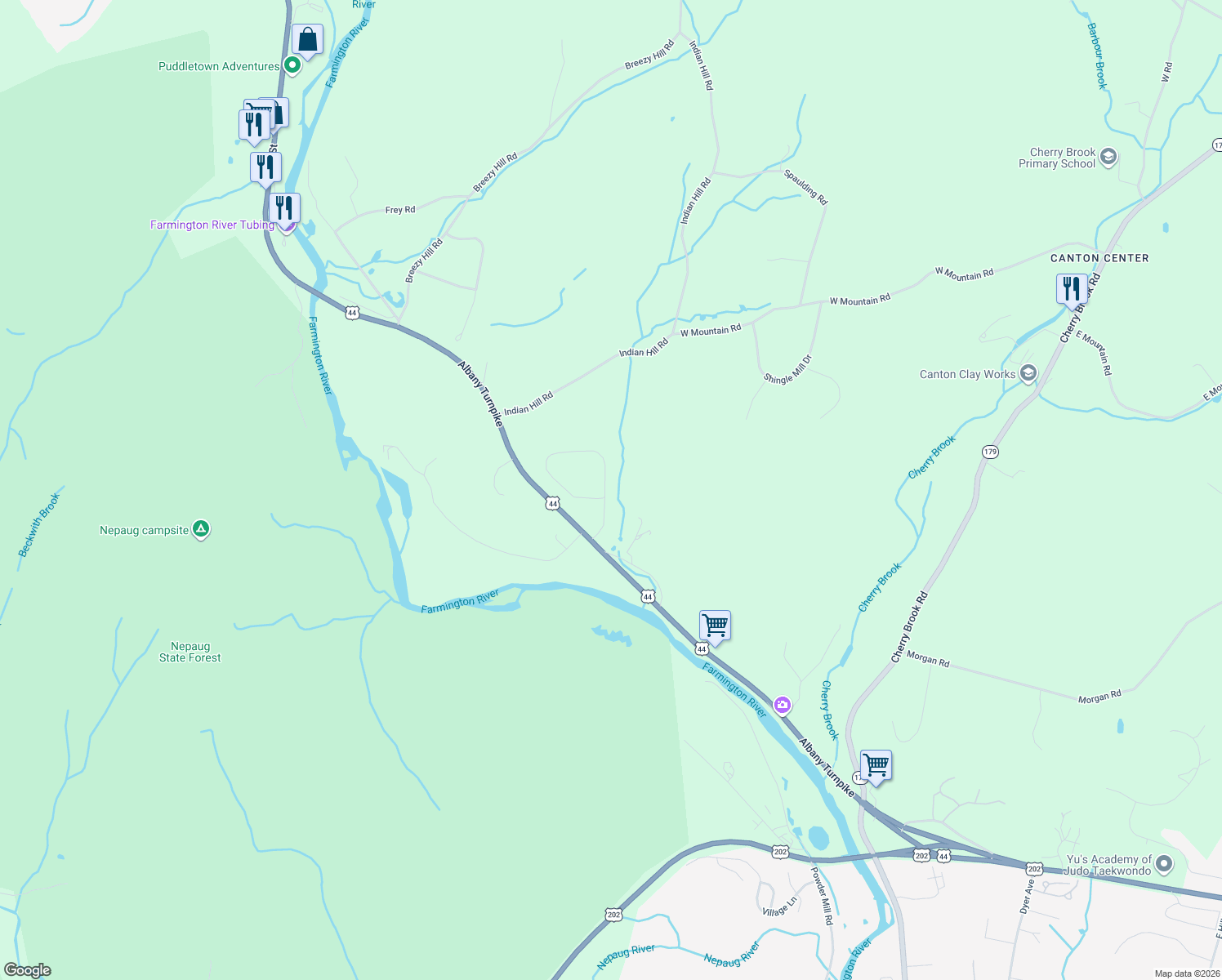 map of restaurants, bars, coffee shops, grocery stores, and more near 43 Thompson Hill Road in Canton