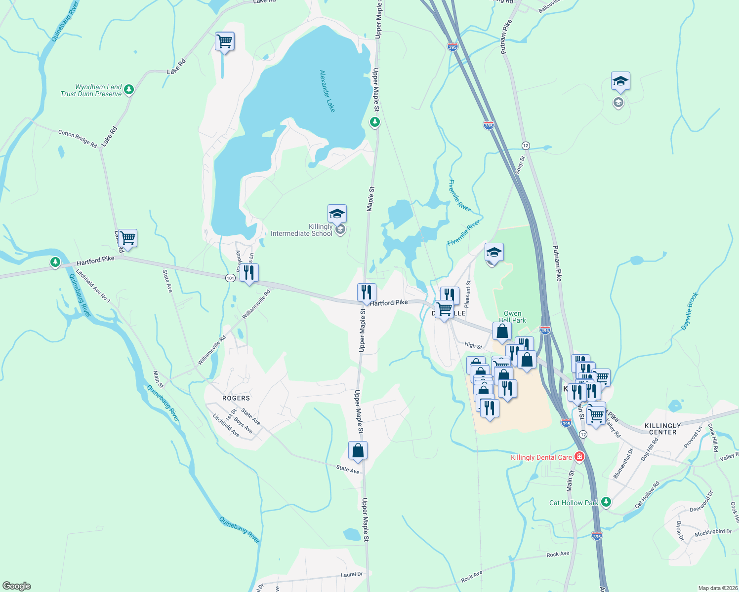 map of restaurants, bars, coffee shops, grocery stores, and more near 310 Hartford Pike in Killingly