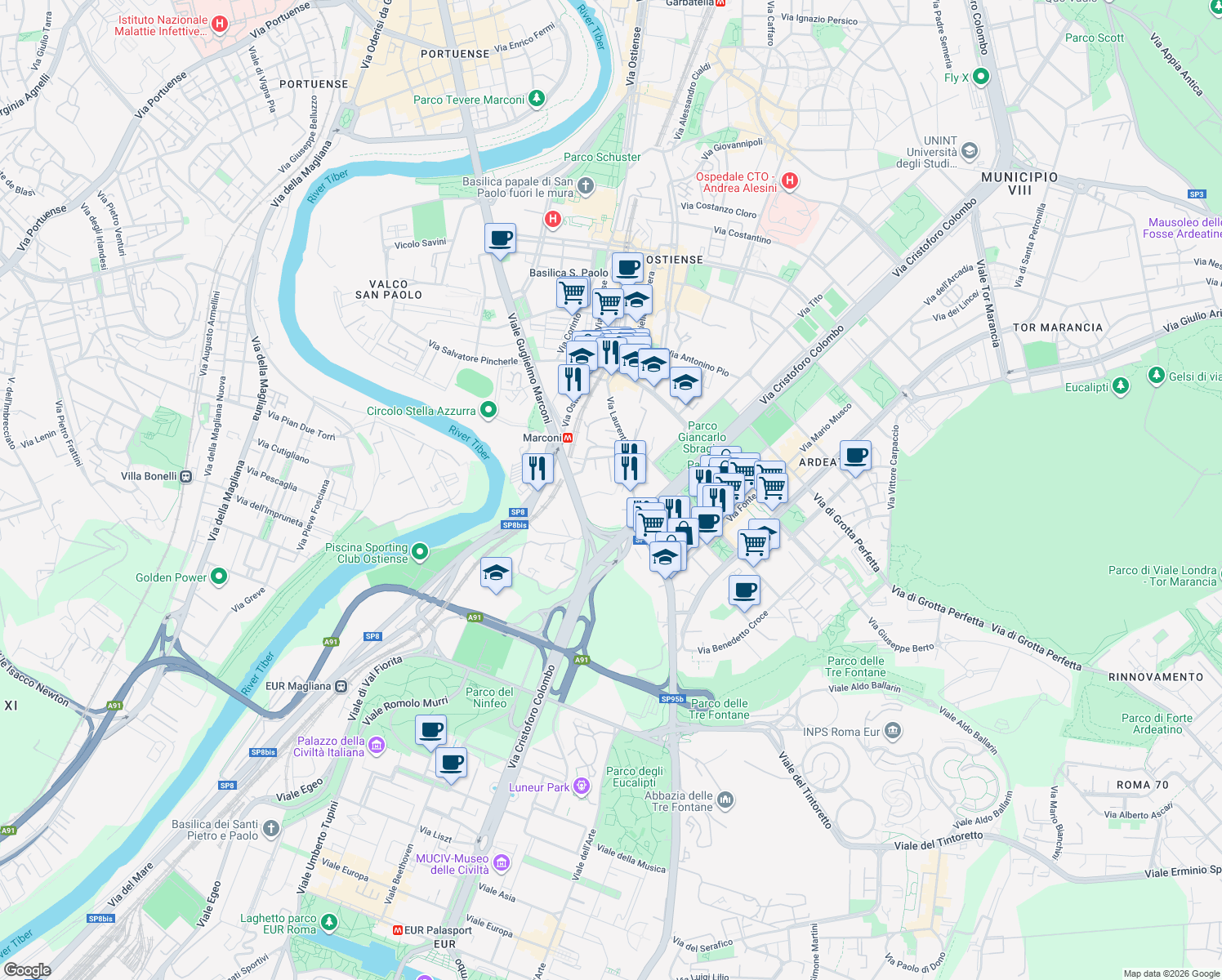 map of restaurants, bars, coffee shops, grocery stores, and more near 33-43 Via Gibilmanna in Rome