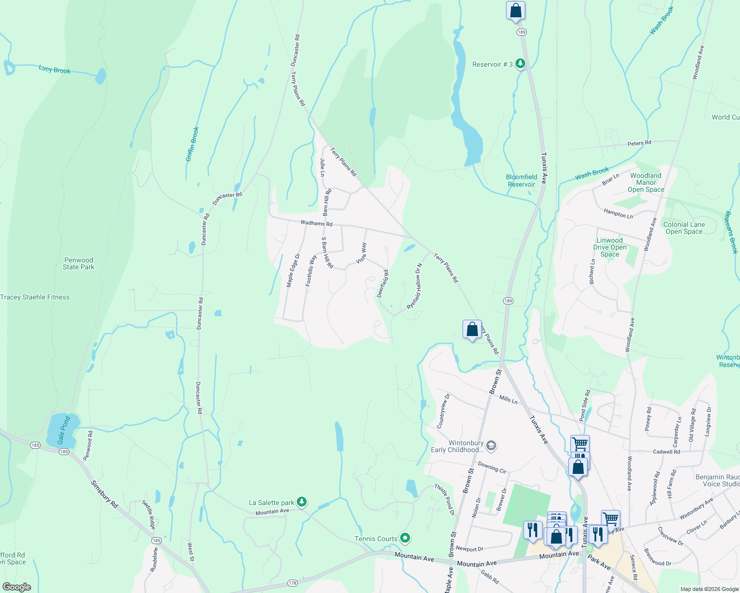 map of restaurants, bars, coffee shops, grocery stores, and more near 81 Arrowwood Lane in Bloomfield