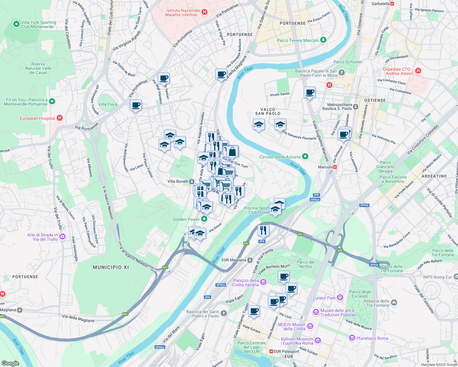 map of restaurants, bars, coffee shops, grocery stores, and more near 51 Viale Vicopisano in Roma