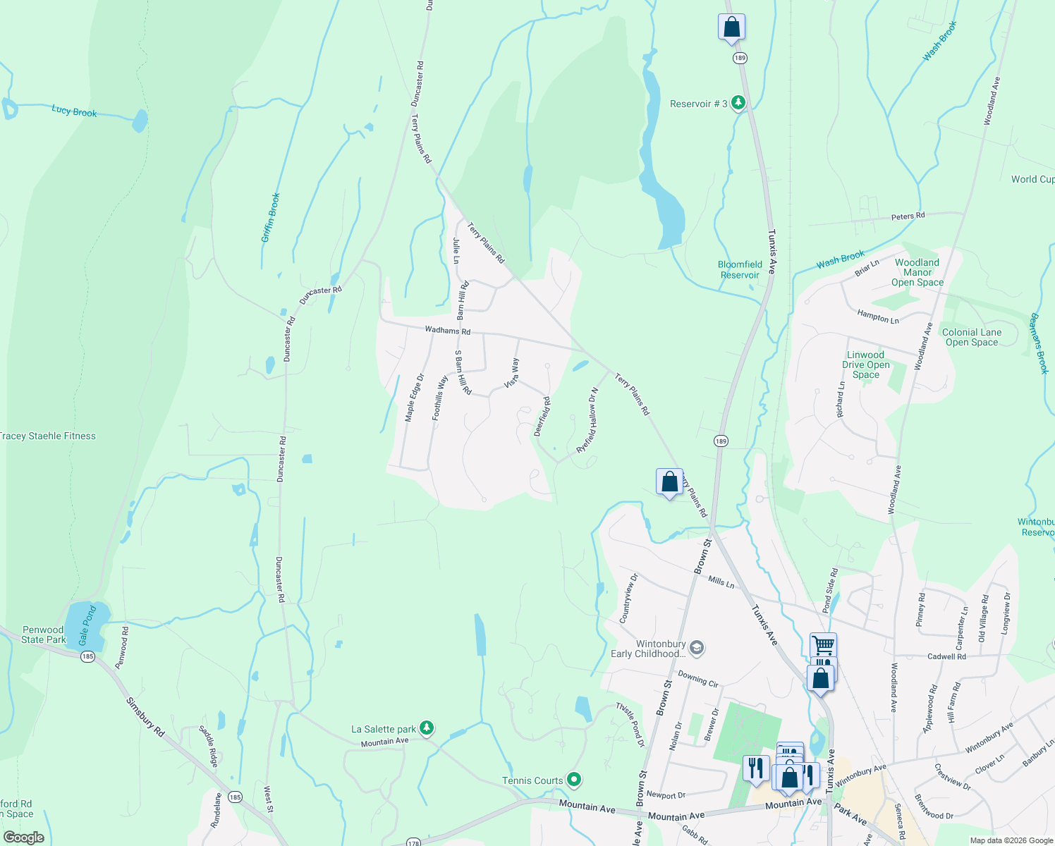 map of restaurants, bars, coffee shops, grocery stores, and more near Arrowwood Lane in Bloomfield